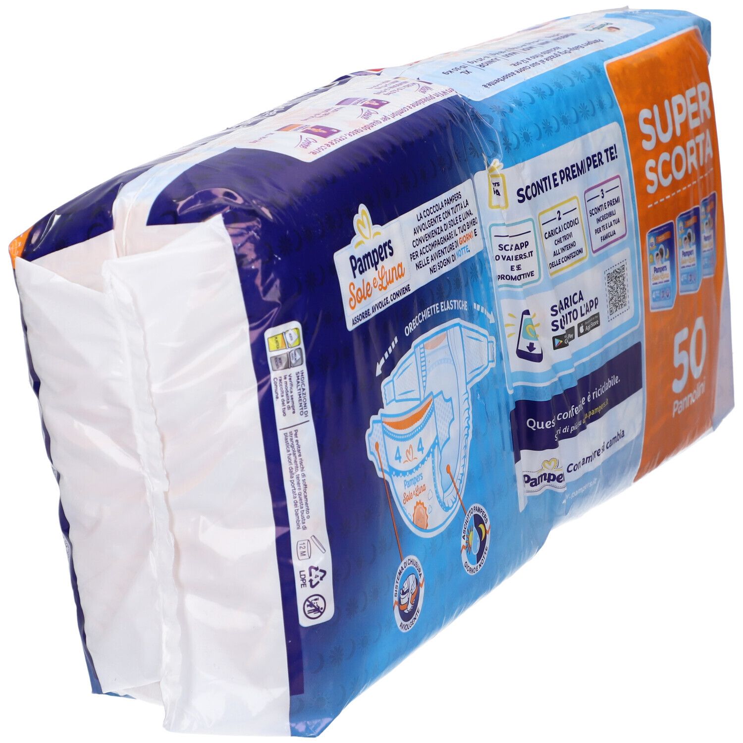 Pampers Sole e Luna Maxi 4 Windeln, 7-18kg, Packung mit 50 Stück. Verpackung mit Baby-Illustrationen und Produktnamen.