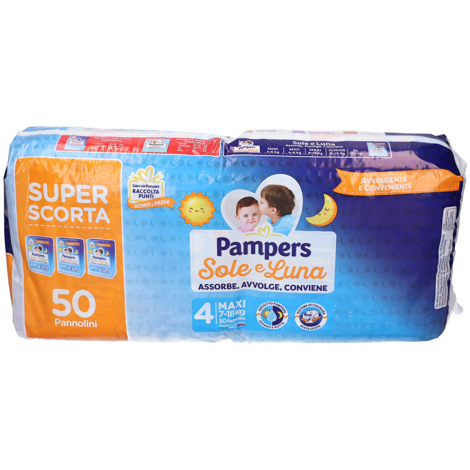 Pampers Sole e Luna Maxi 4 Windeln, 7-18kg, Packung mit 50 Stück. Verpackung mit Baby-Illustrationen und Produktnamen.