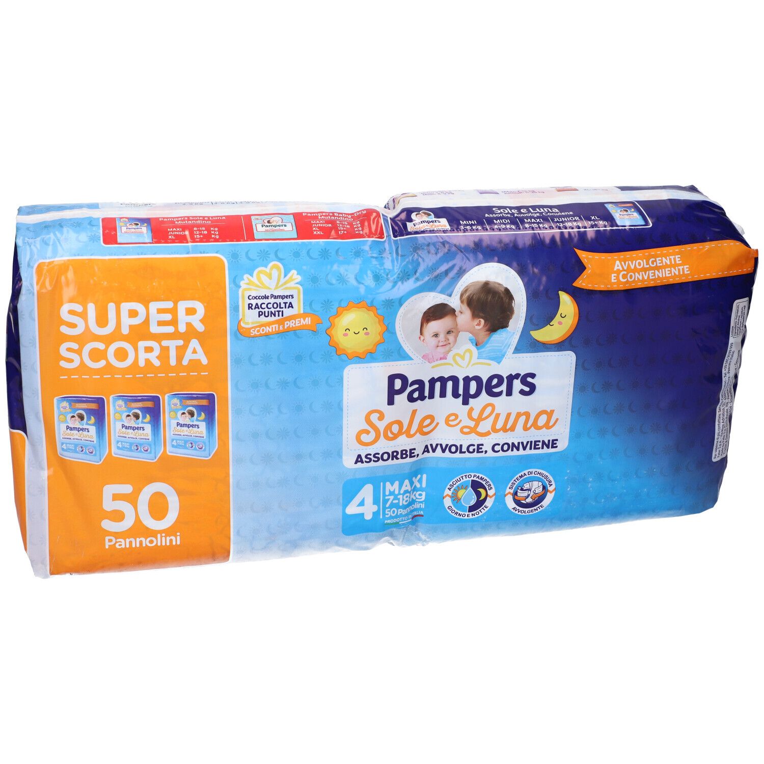 Pampers Sole e Luna Maxi 4 Windeln, 7-18kg, Packung mit 50 Stück. Verpackung mit Baby-Illustrationen und Produktnamen.