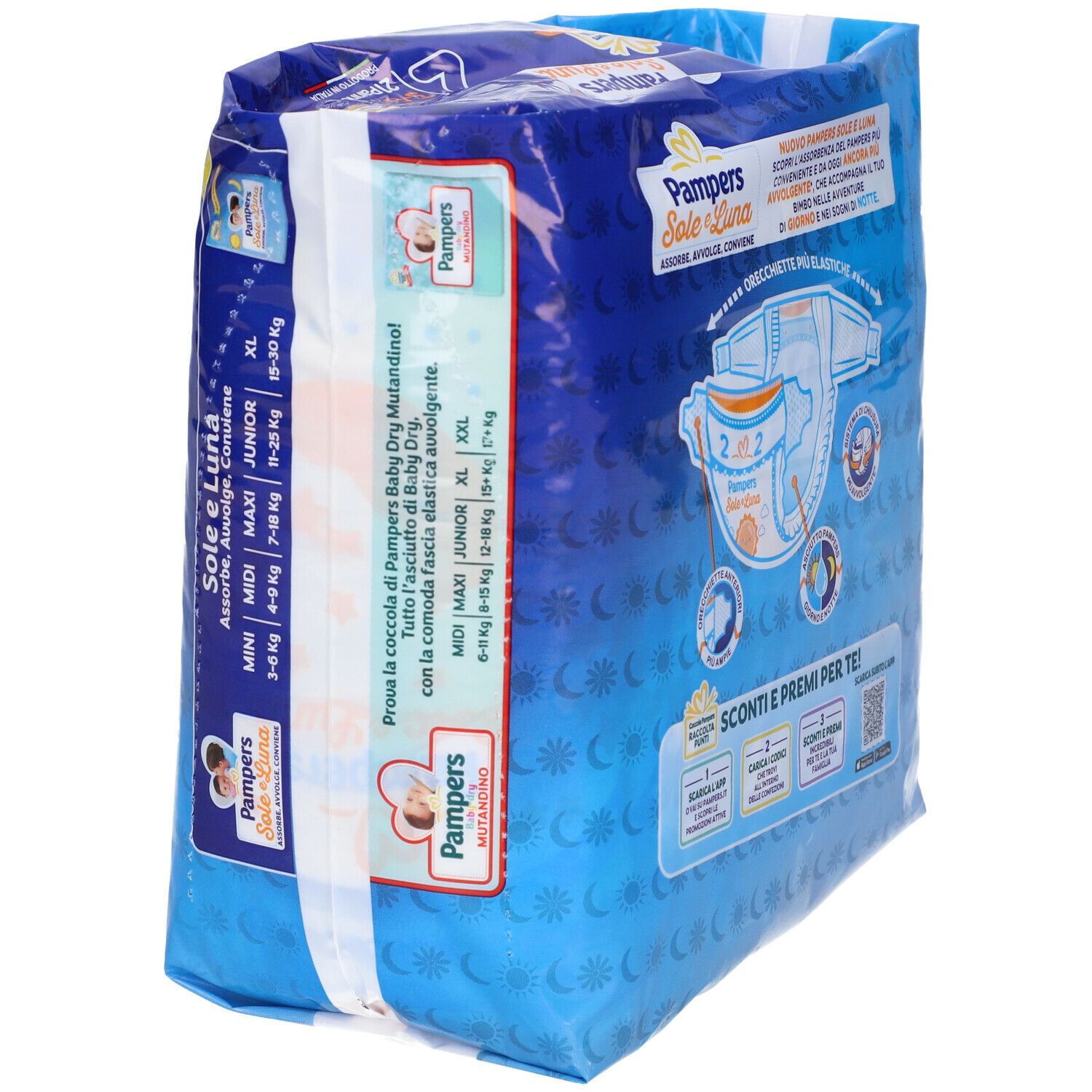 Confezione Pampers Sole e Luna Mini, vista laterale. Nome del prodotto, informazioni sulle taglie e altri dettagli.