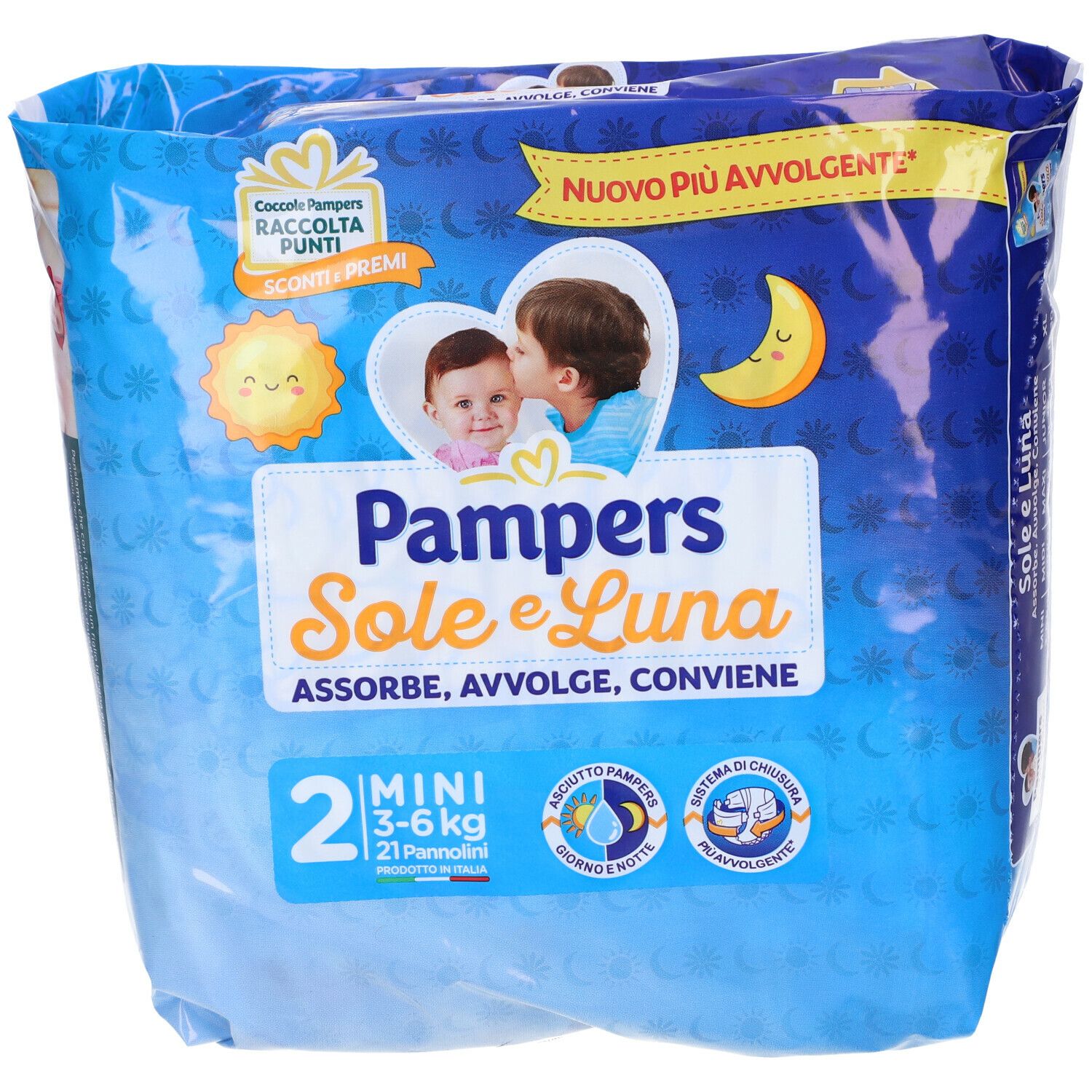 Confezione Pampers Sole e Luna Mini, 21 pannolini, 3-6 kg. Imballaggio con illustrazioni di bambini e nome del prodotto.
