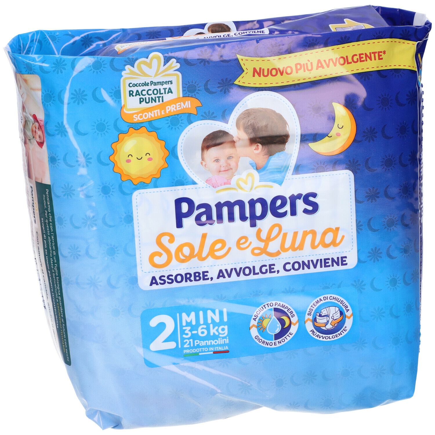 Confezione Pampers Sole e Luna Mini, 21 pannolini, 3-6 kg. Imballaggio con illustrazioni di bambini e nome del prodotto.