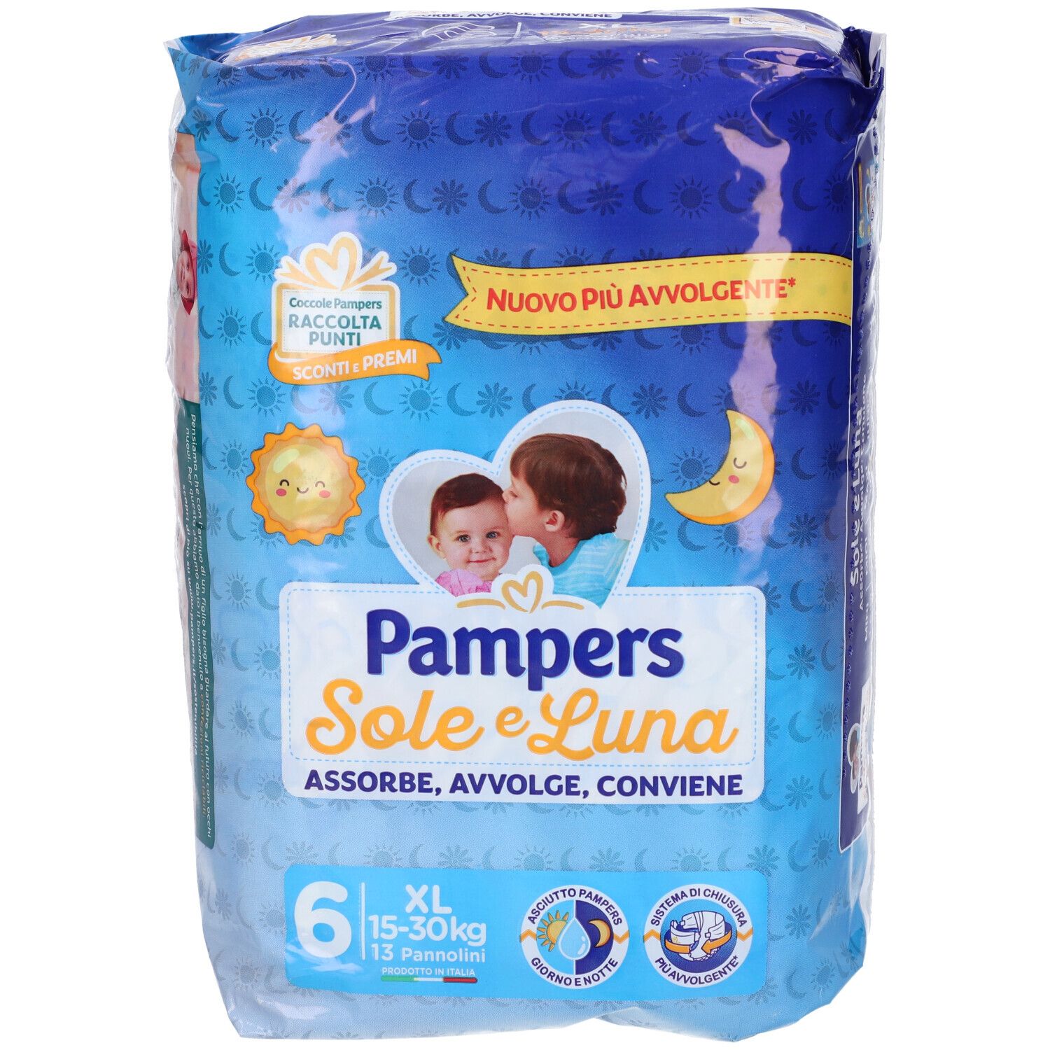 Pampers Sole e Luna XL Windeln, Packung mit 6 Stück. Aufdrucke: Sonne, Mond, Baby. Text: Absorbiert, umhüllt, ist günstig.