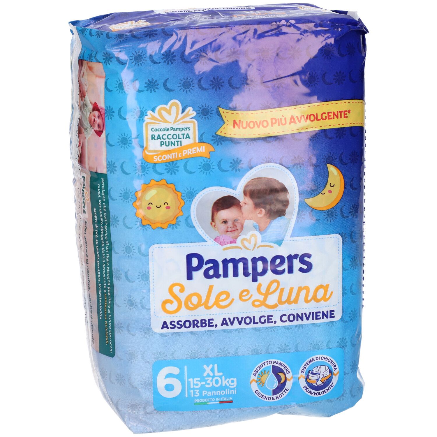 Pampers Sole e Luna XL Windeln, Packung mit 6 Stück. Aufdrucke: Sonne, Mond, Baby. Text: Absorbiert, umhüllt, ist günstig.