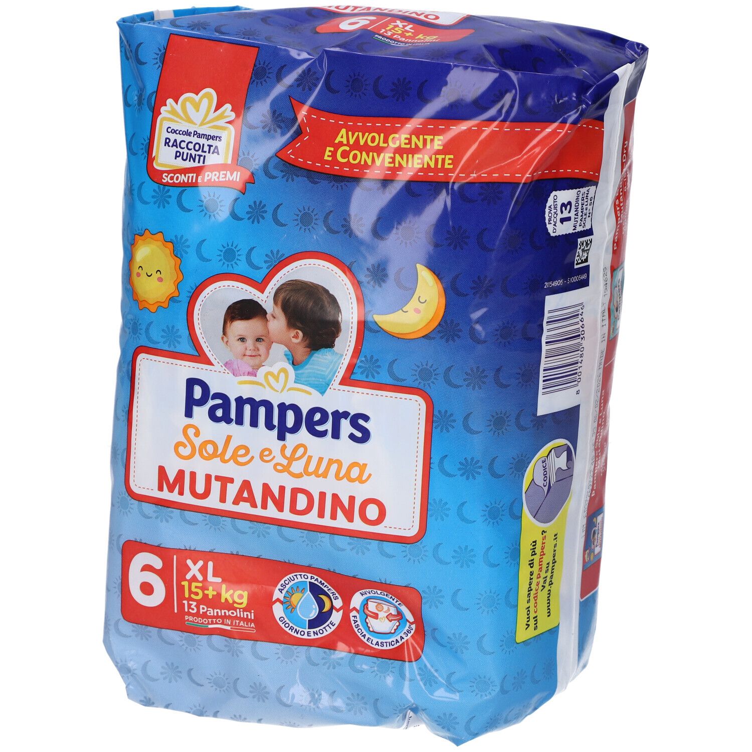 Pampers Sole e Luna Mutandino Windelhosen-Packung. Größe XL, 13 Stück. Verpackung mit Sonnen- und Mond-Motiven. Größe 6.
