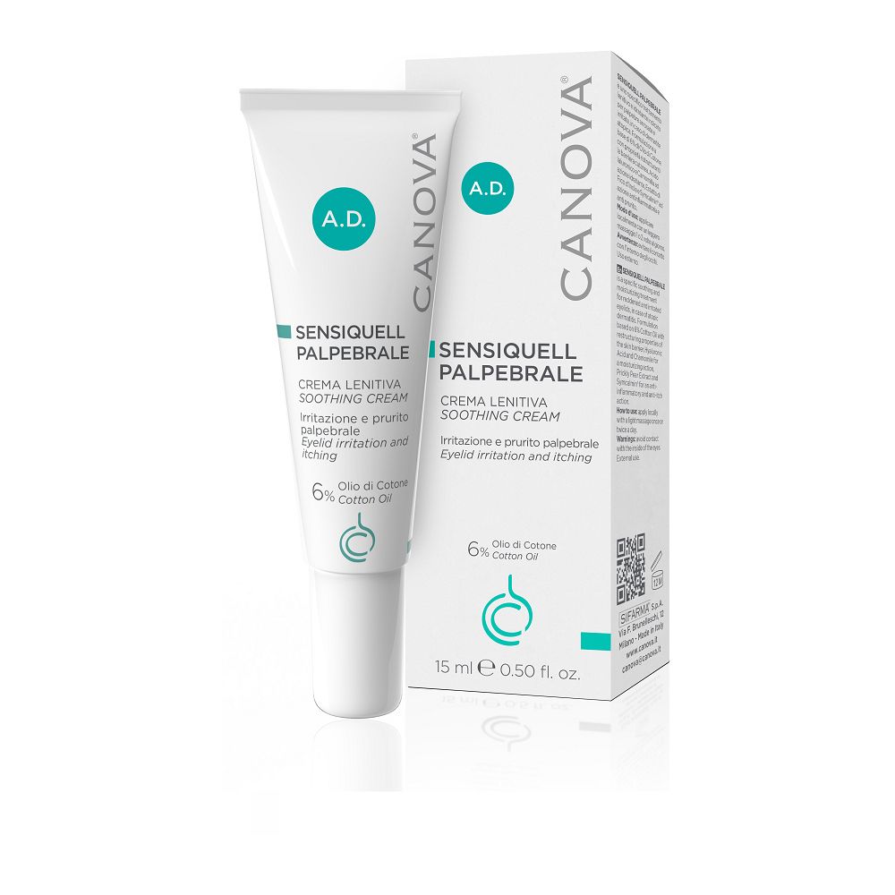 Tubo e scatola di crema Sensiquell Palpebrale, 15 ml. Marchio Canova. Contiene 6% olio di cotone. Testo in italiano.