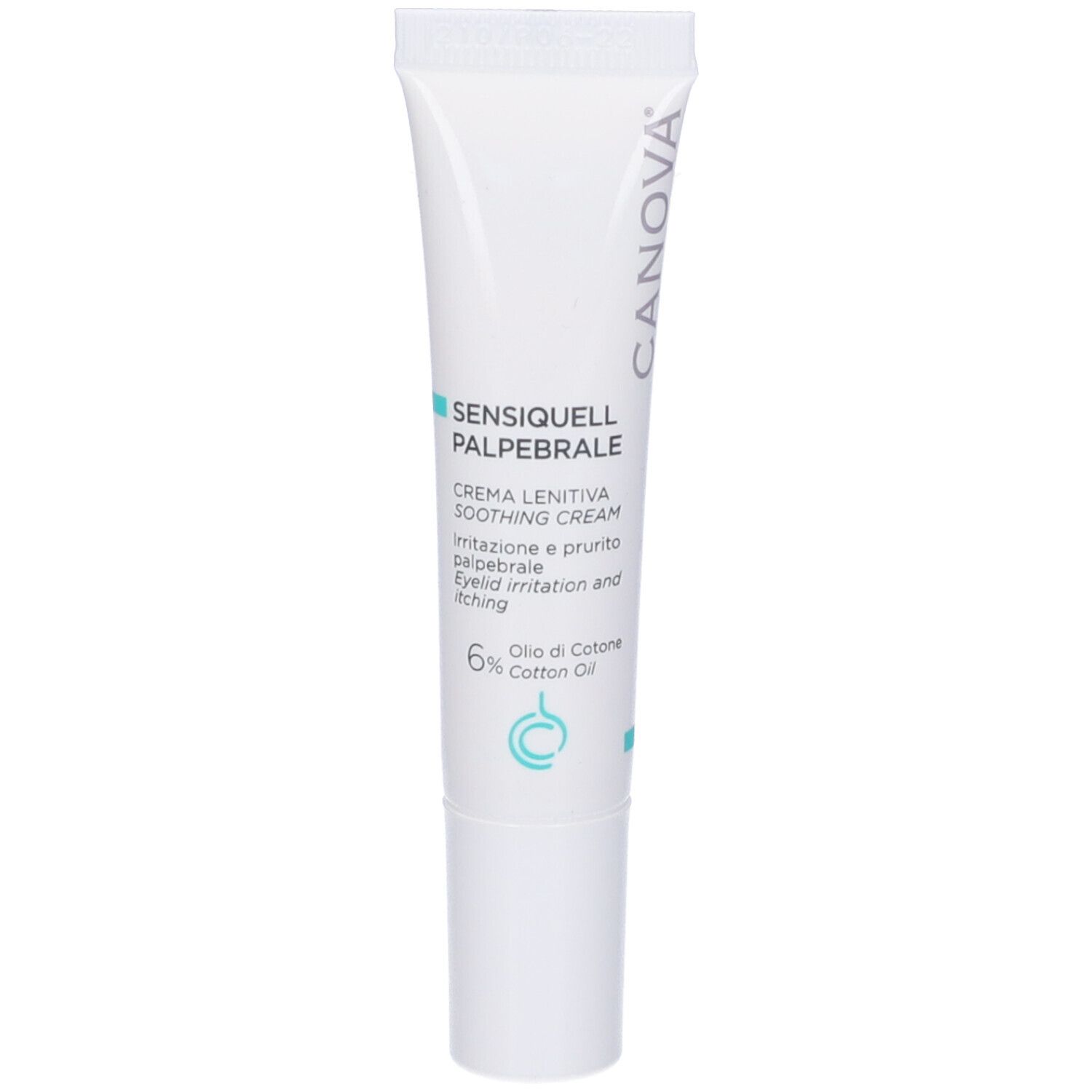 Tubo bianco con Sensiquell Palpebrale. Marchio Canova. Contiene 6% olio di cotone. 15 ml.