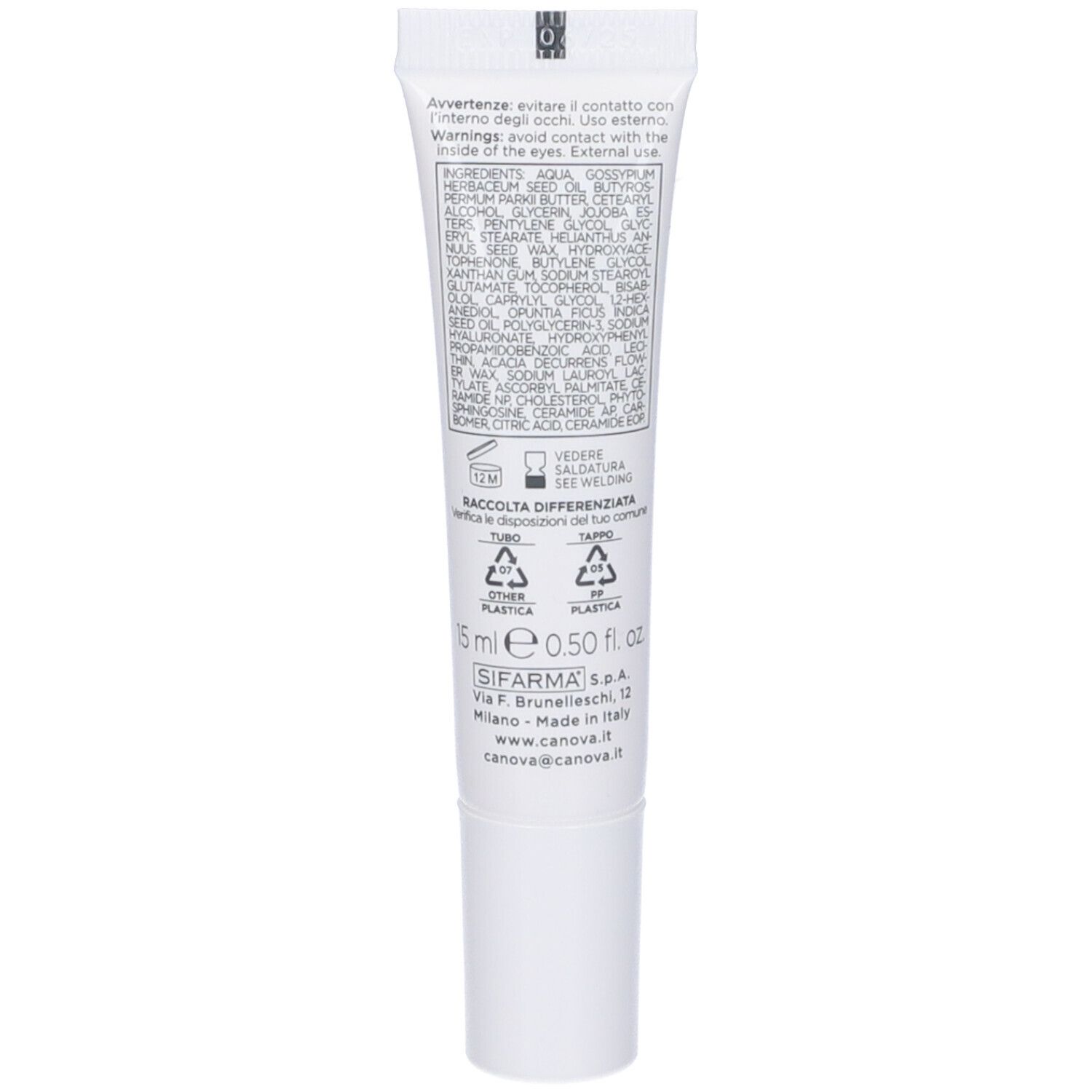 Retro del tubo. Ingredienti e avvertenze. 15 ml. Marchio Canova.