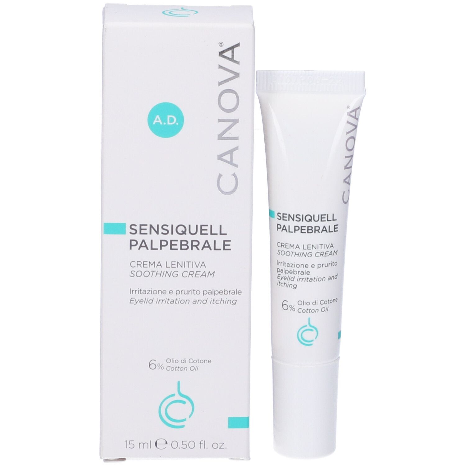 Tubo e scatola di crema Sensiquell Palpebrale, 15 ml. Marchio Canova. Contiene 6% olio di cotone.