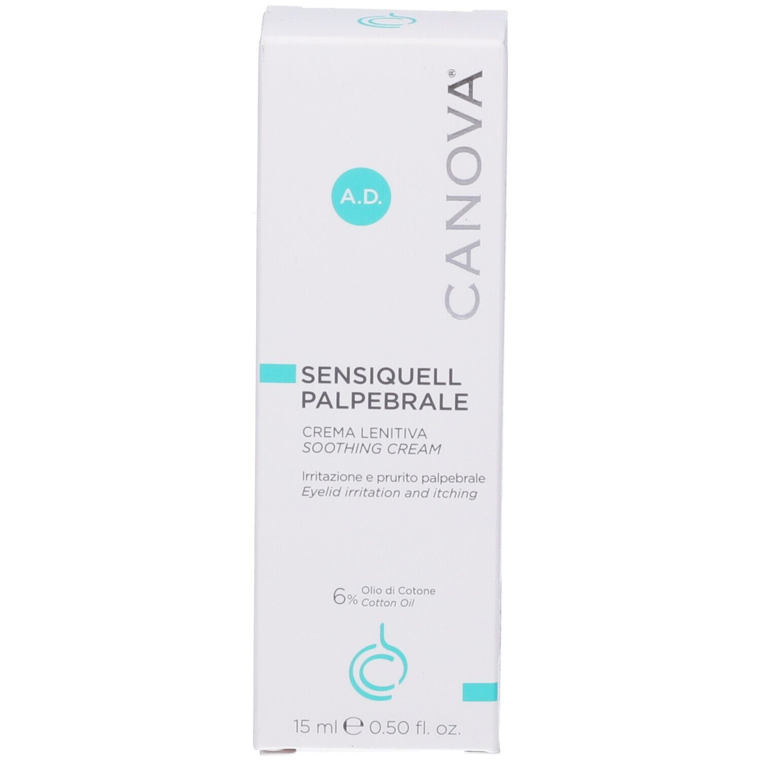 Scatola bianca con Sensiquell Palpebrale. Marchio Canova. Contiene 6% olio di cotone. 15 ml.