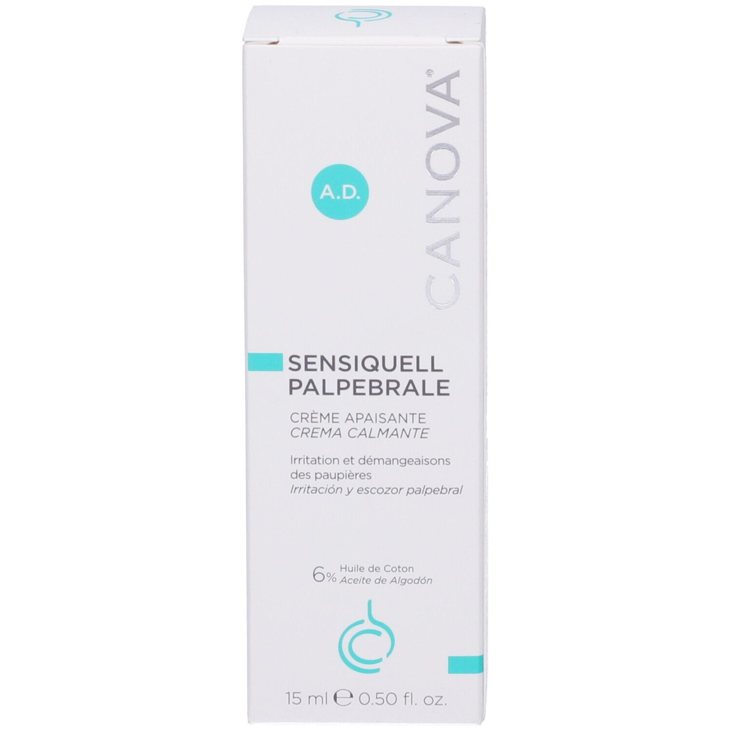 Scatola bianca con Sensiquell Palpebrale. Marchio Canova. Contiene 6% olio di cotone. 15 ml.