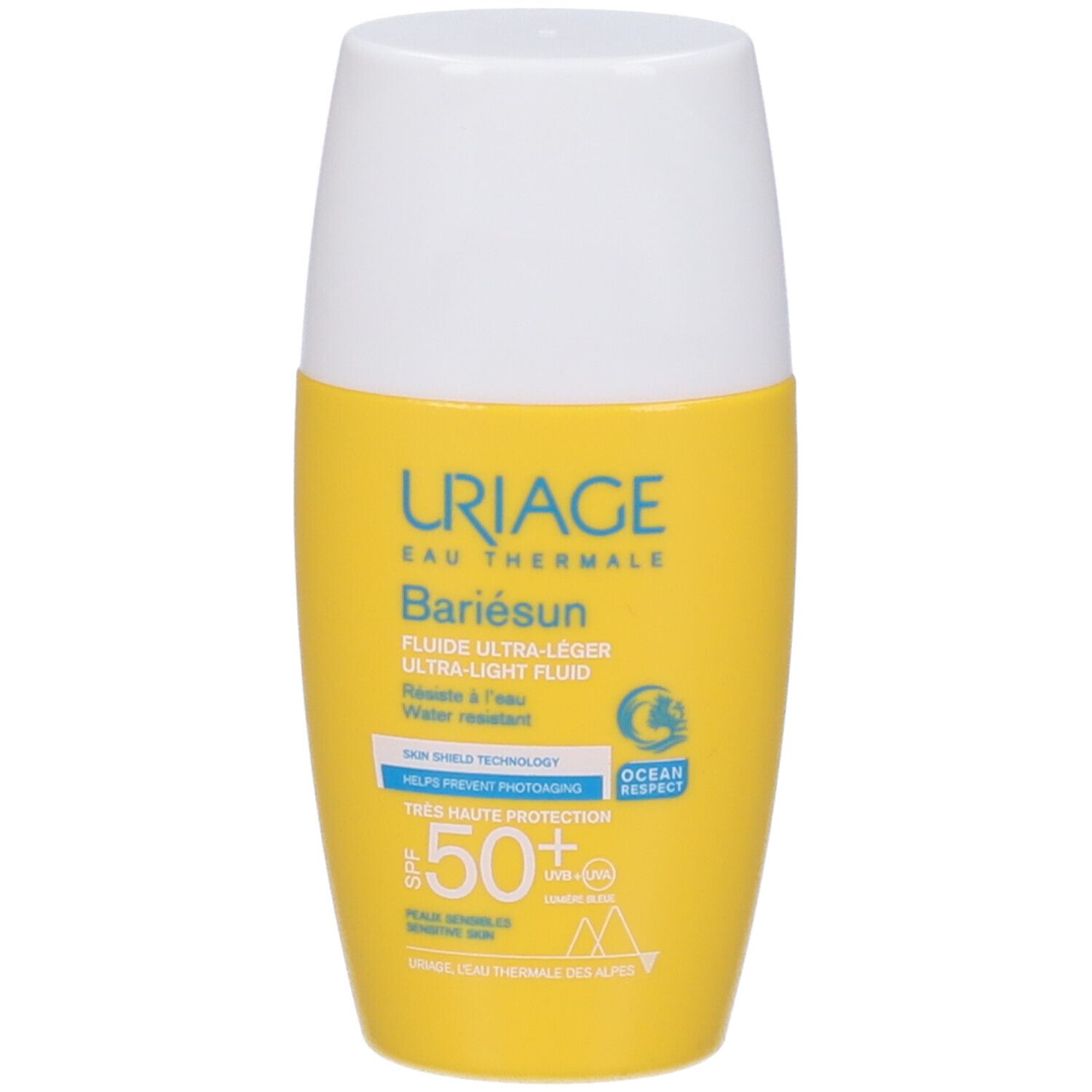 Uriage Bariésun Fluido. Flacone giallo con tappo bianco. Testo: SPF 50+, Fluido Ultra-Leggero, Resistente all'acqua.