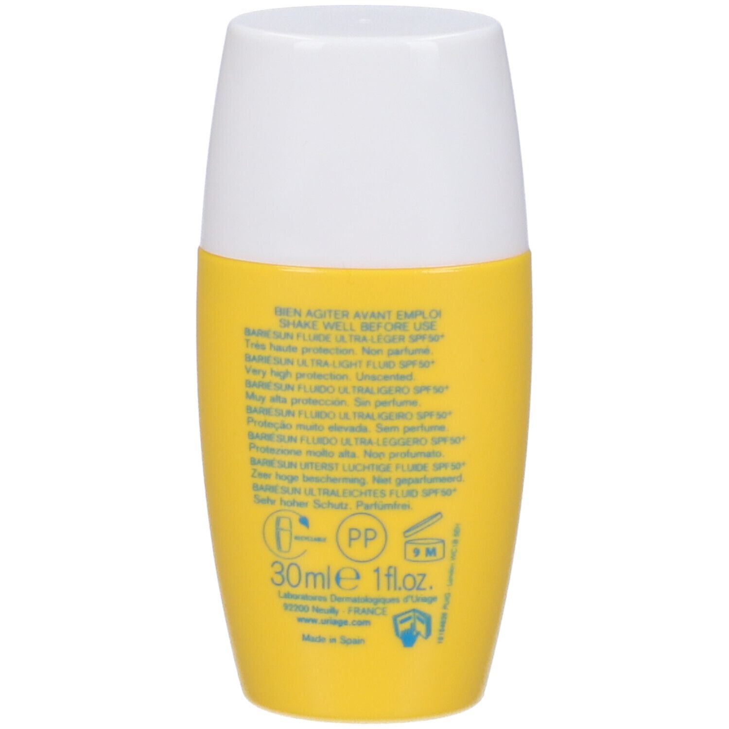 Retro del flacone Uriage Bariésun Fluido. Testo: 30ml, Shake well before use. Made in Spain.