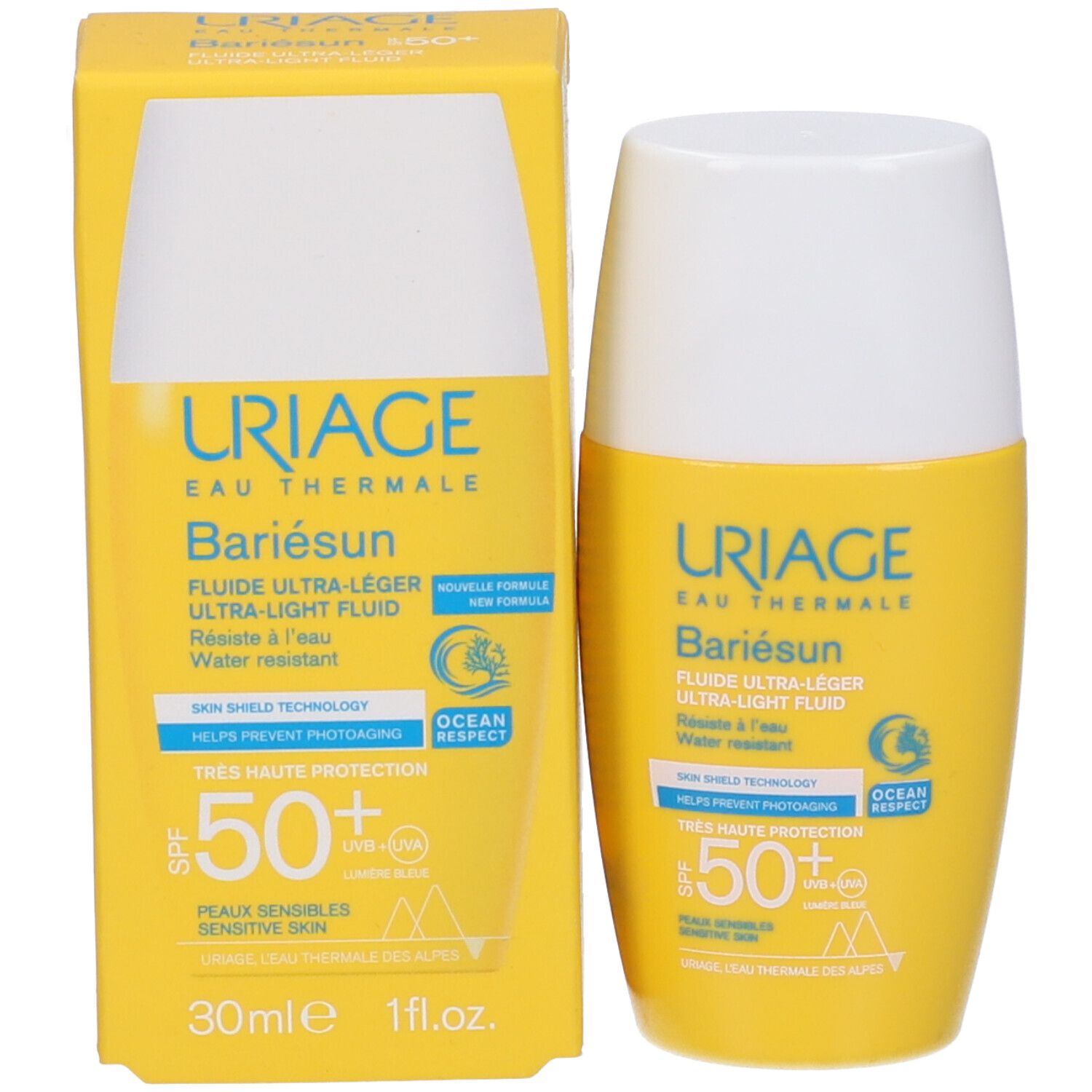 Uriage Bariésun Fluido e confezione. Testo: SPF 50+, Fluido Ultra-Leggero, Resistente all'acqua.