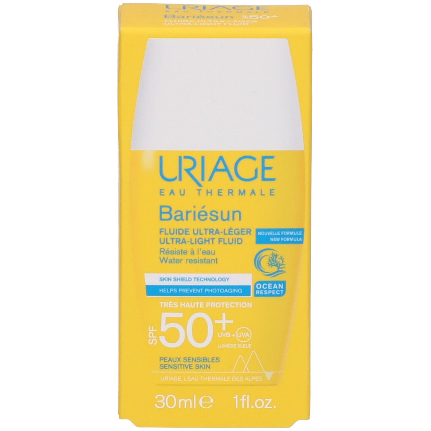 Confezione Uriage Bariésun Fluido. Testo: SPF 50+, Fluido Ultra-Leggero, Resistente all'acqua.