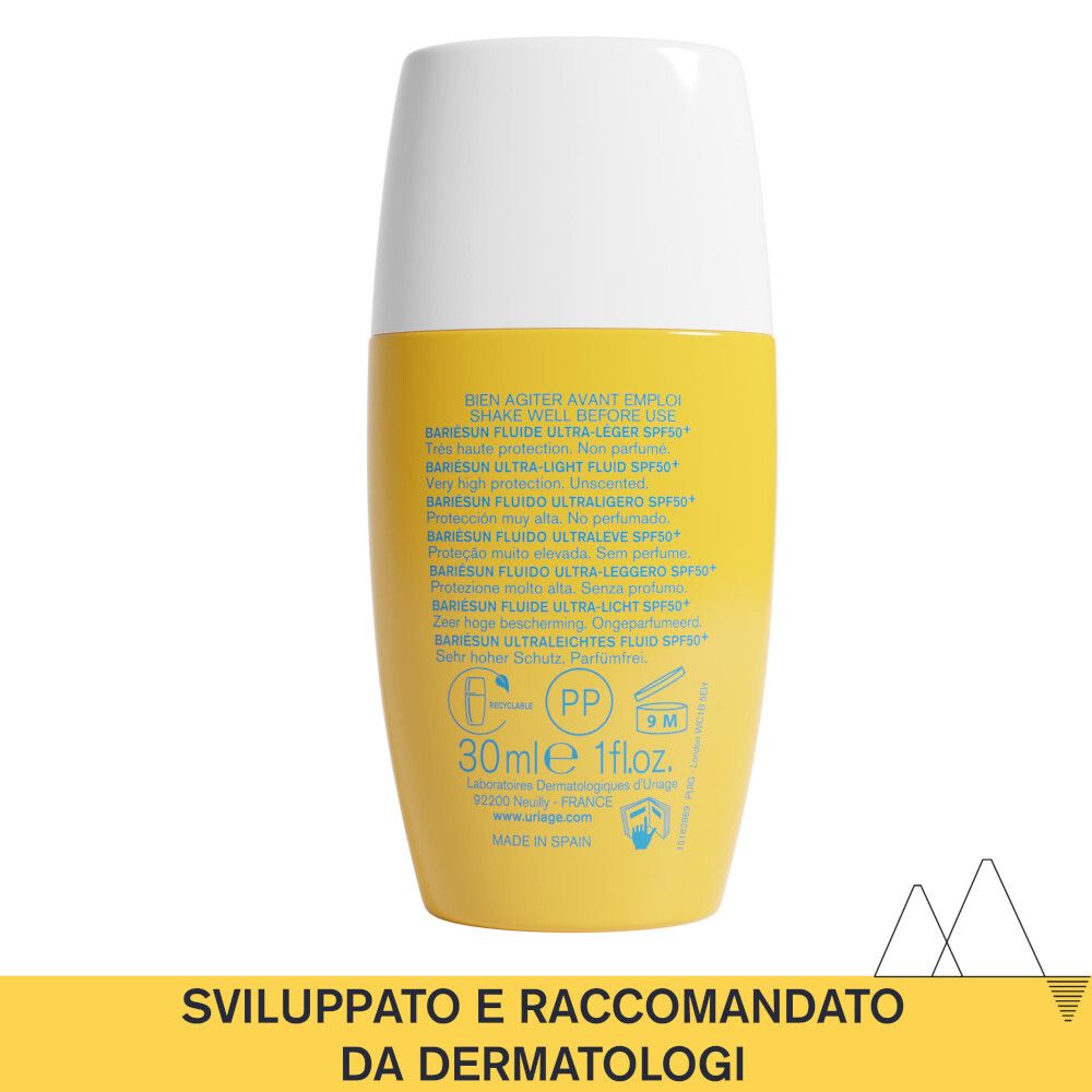 Retro del flacone Uriage Bariésun Fluido. Testo: 30ml, Shake well before use. Made in Spain.