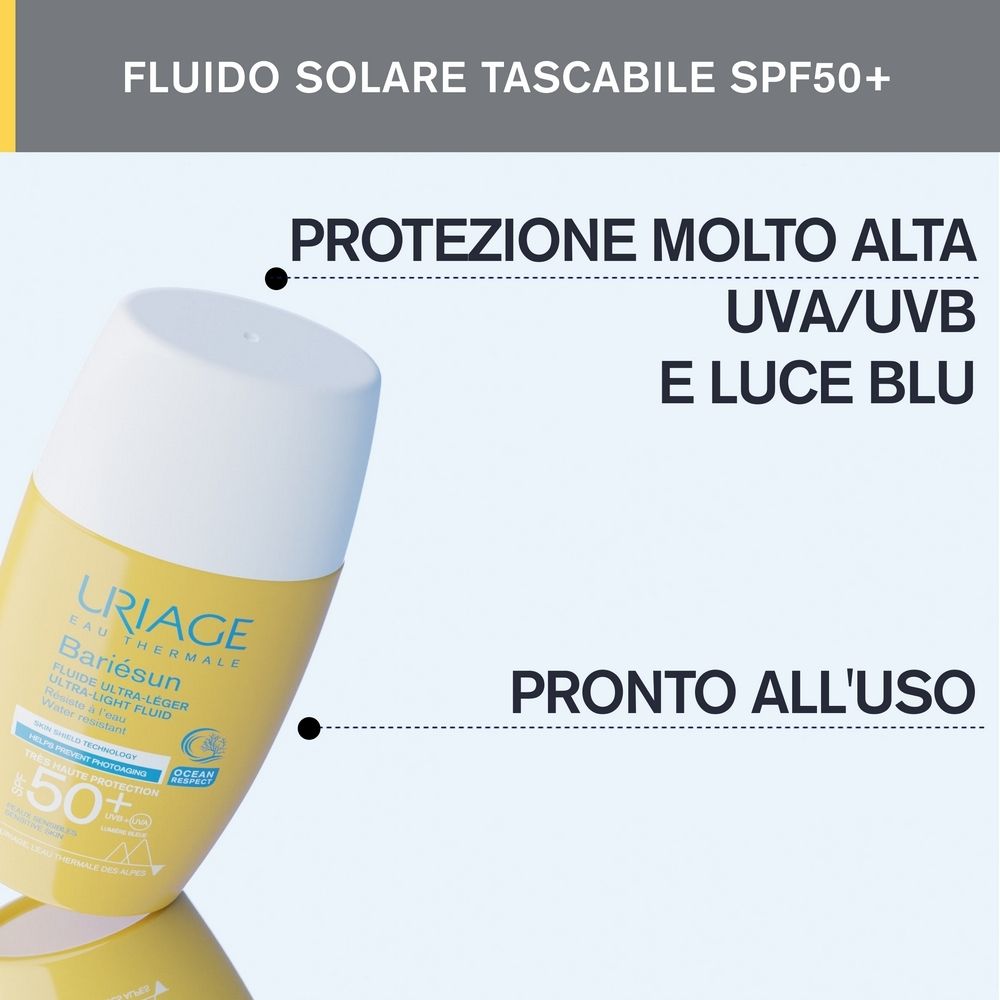 Flacone Uriage Bariésun Fluido. Texte: Protezione molto alta UVA/UVB e luce blu, Pronto all'uso.