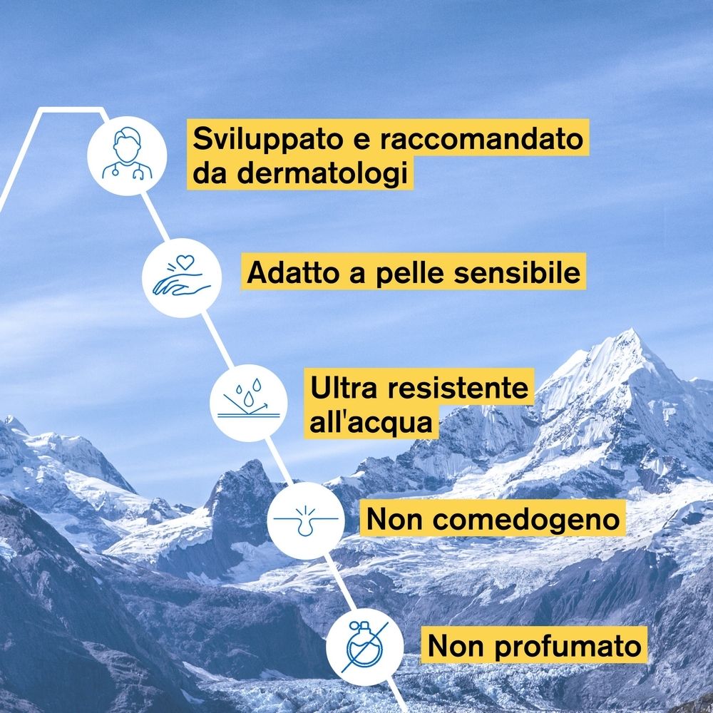 Testo: Sviluppato e raccomandato da dermatologi, Adatto a pelle sensibile, Ultra resistente all'acqua, Non comedogeno, Non profumato.