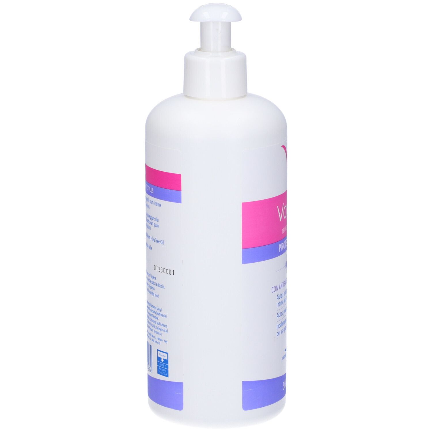 Weiße Pumpflasche mit rosa-violetter Beschriftung. "Vichy" und "Peeling" sind lesbar.