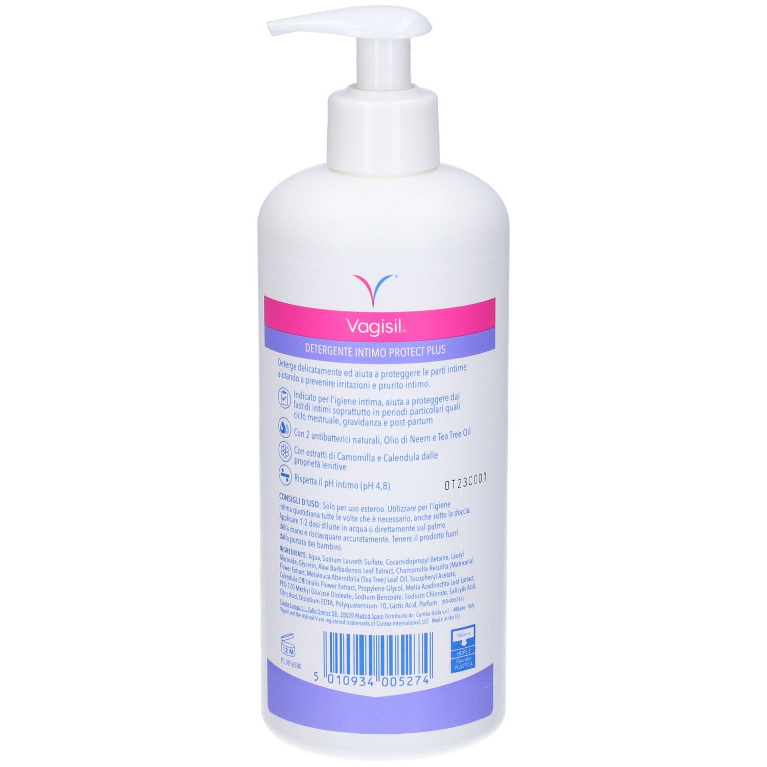 Weiße Pumpflasche mit VAGISIL Schriftzug und Produktinformationen.
