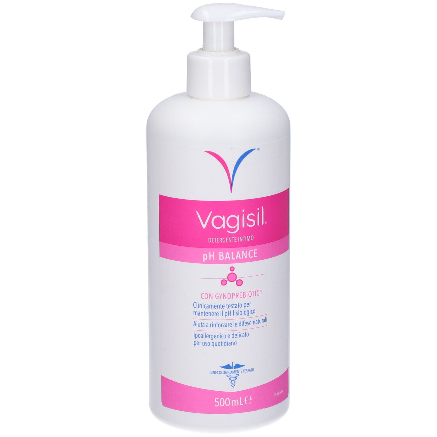 Weiße Pumpflasche mit VAGISIL pH BALANCE Schriftzug und rosa Akzenten. 500ml.