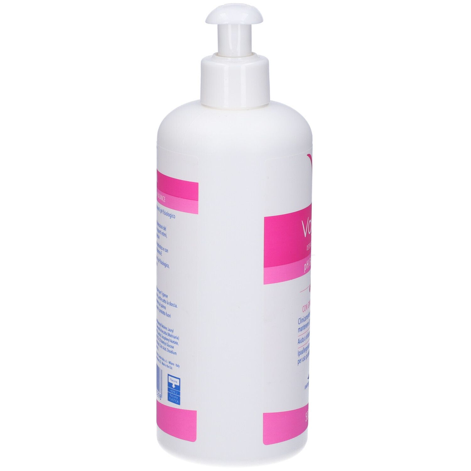 Weiße Pumpflasche mit rosa Etikett und Aufdruck.