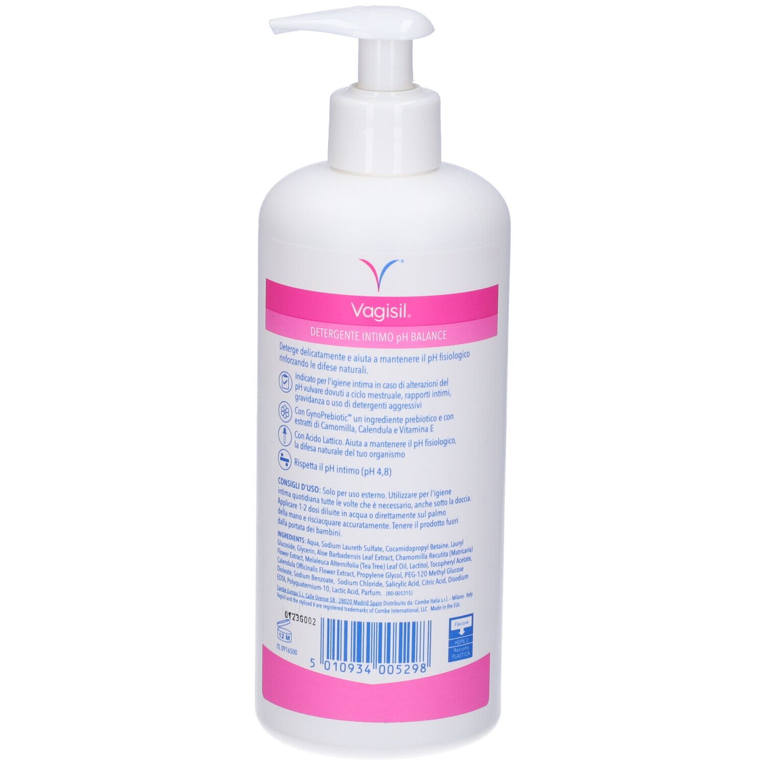 Weiße Pumpflasche mit VagiSil Intimate Wash Etikett. Enthält eine Beschreibung des Produkts.