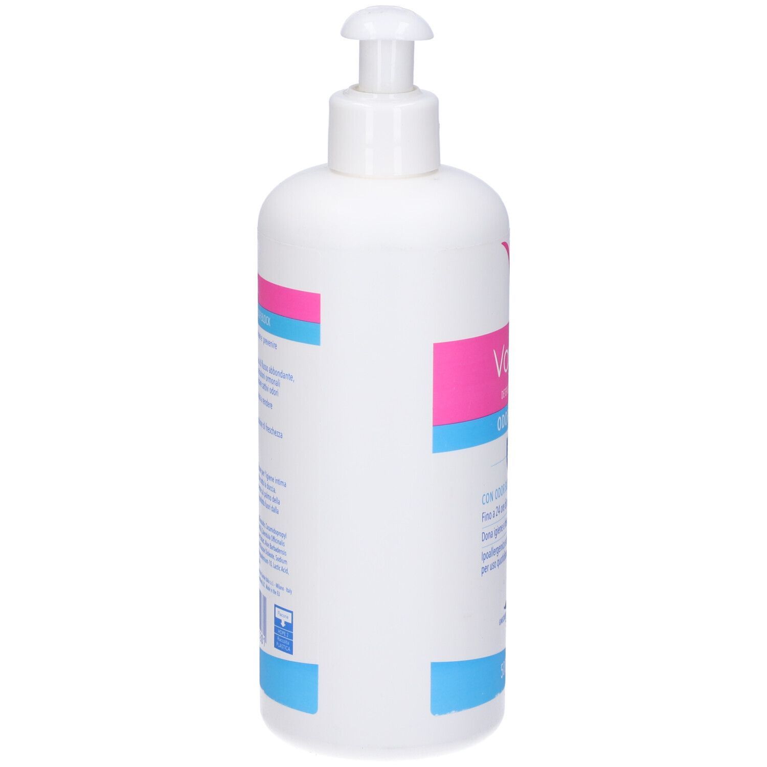 Weiße Pumpflasche mit rosa-blauen Etiketten und sichtbarem Text.
