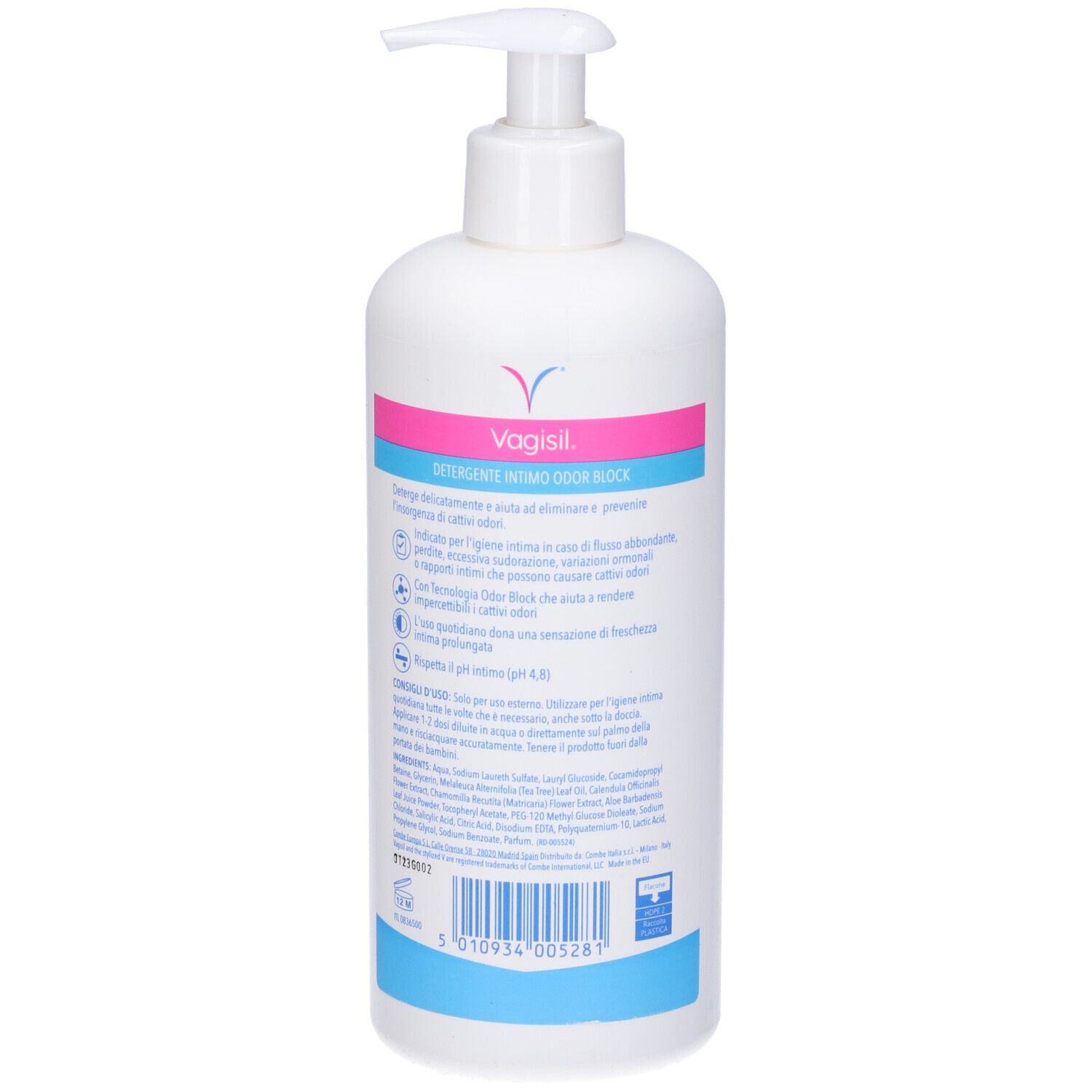 Weiße Pumpflasche mit VAGISIL Schriftzug und blauer/pinker Banderole. Enthält Intimwaschlotion.