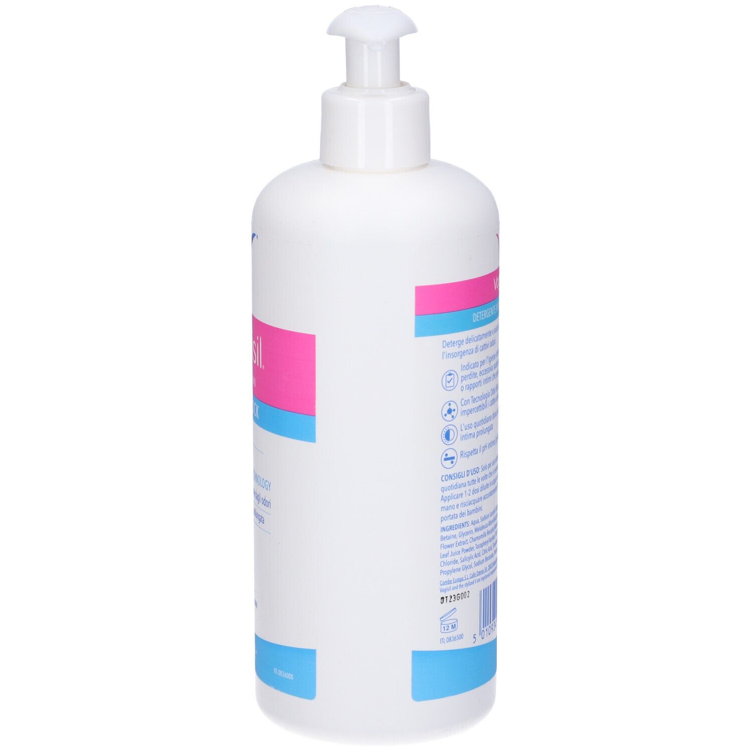 Weiße Pumpflasche mit rosa und blauen Akzenten. Enthält Text und Symbole.