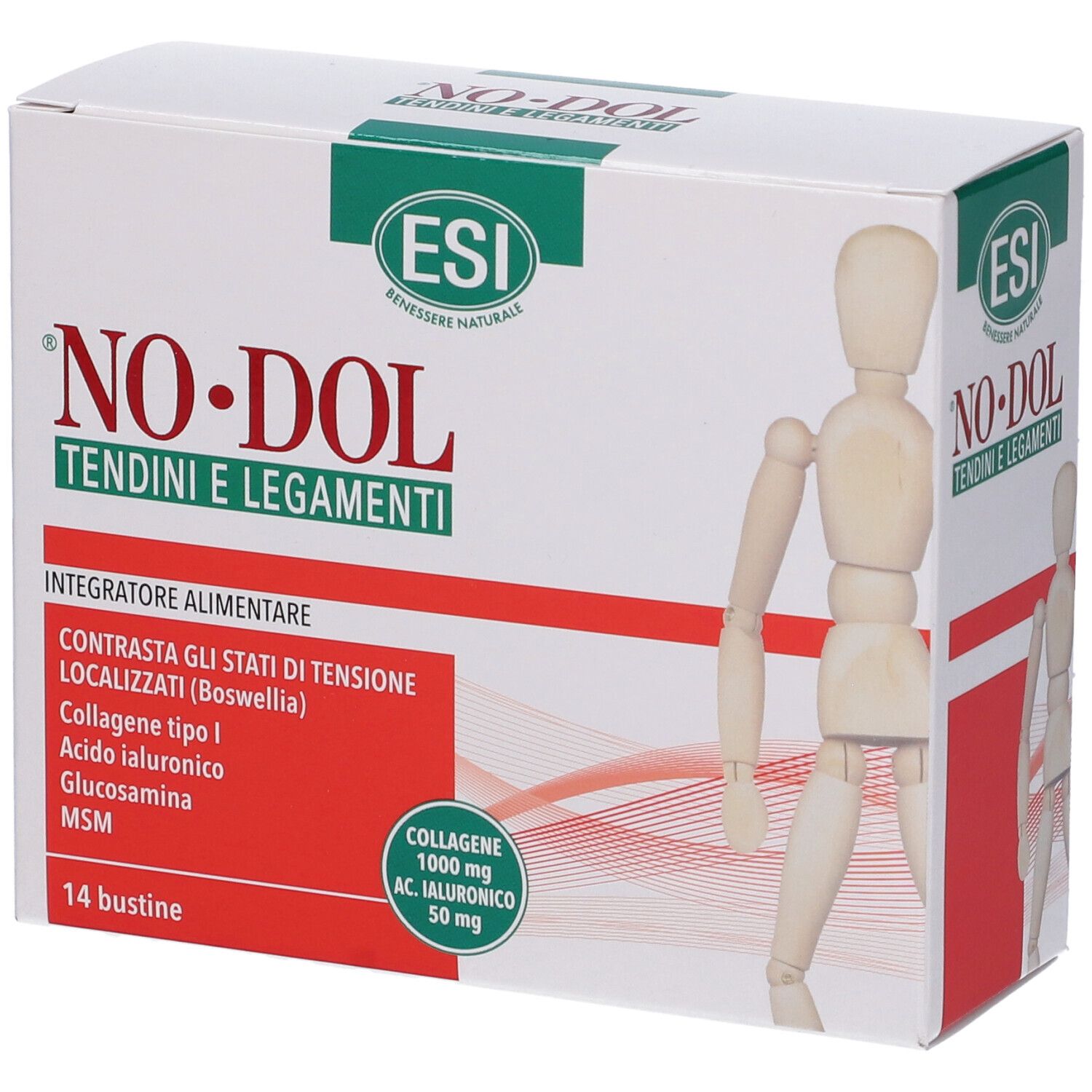Scatola bianca con design rosso e verde. Scritta: NO-DOL Tendini e Legamenti. 14 bustine. Logo ESI.