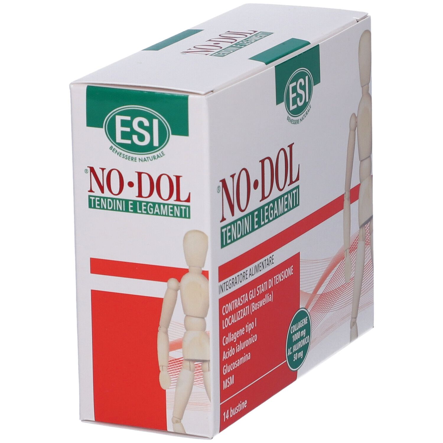 Scatola bianca, design rosso e verde. Scritta: NO-DOL Tendini e Legamenti. Logo ESI. 14 bustine.