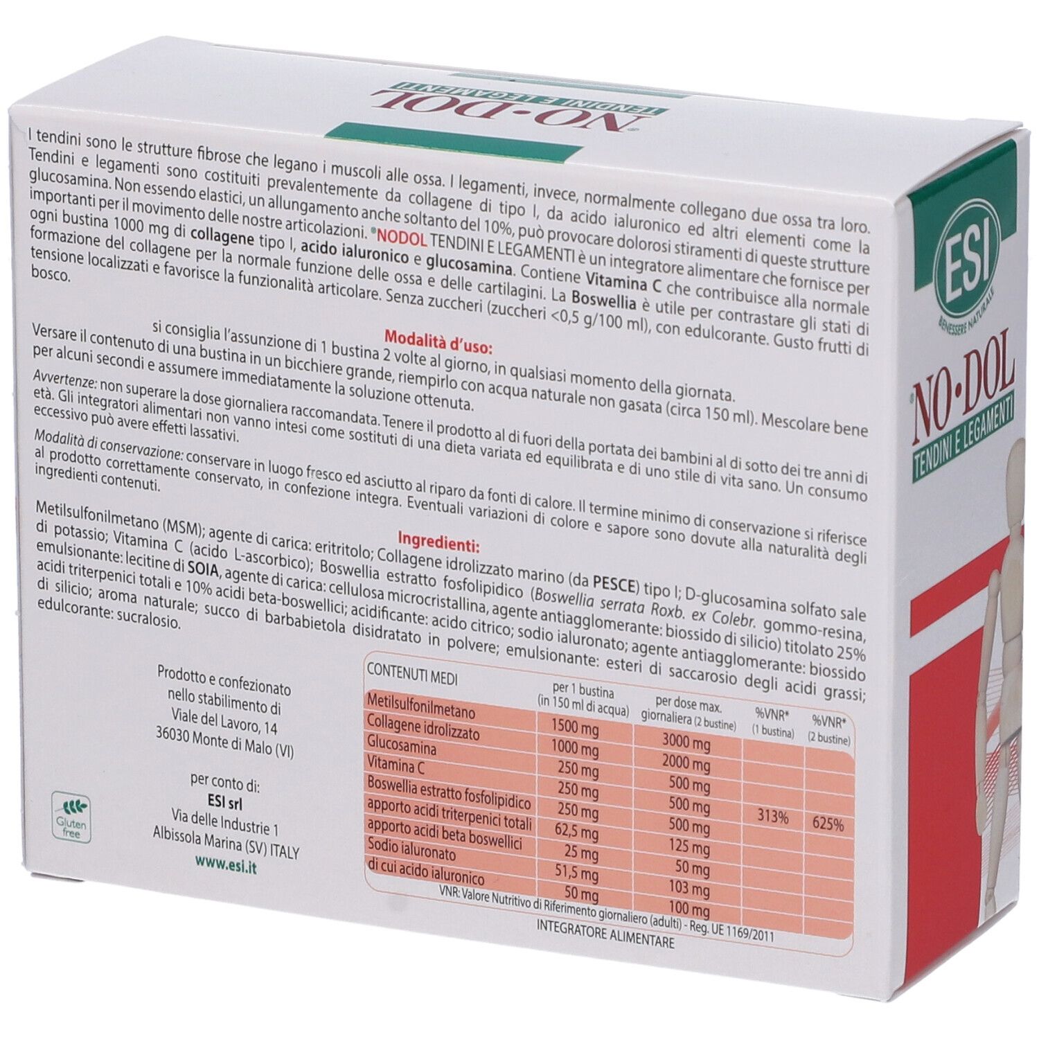 Retro della scatola NO-DOL. Testo in italiano. Elenco ingredienti, modalità d'uso e informazioni nutrizionali.