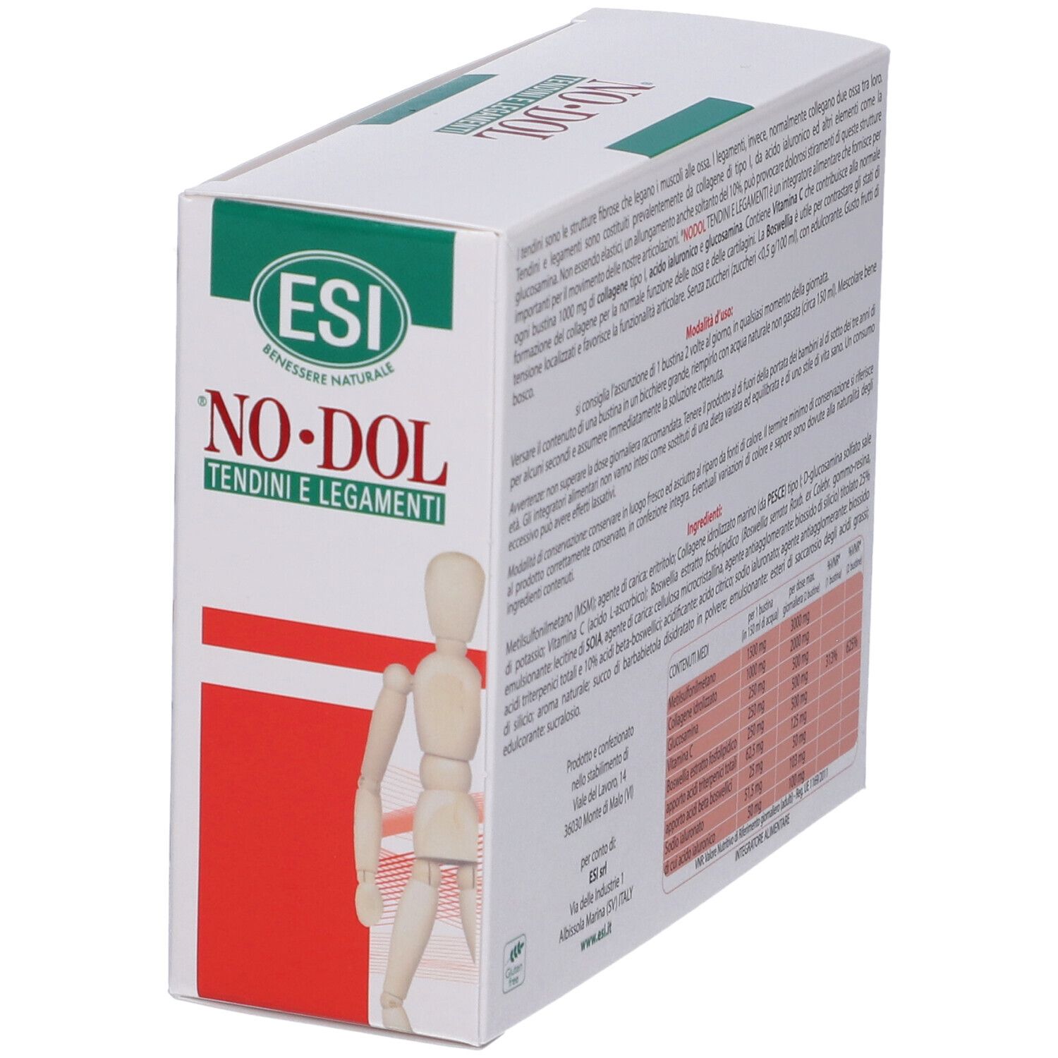 Scatola bianca, design rosso e verde. Scritta: NO-DOL Tendini e Legamenti. Logo ESI. Testo in italiano.
