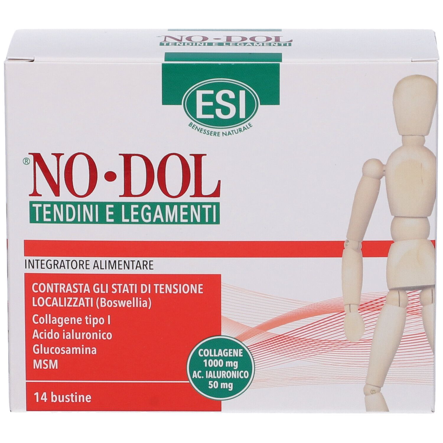 Scatola bianca con design rosso e verde. Scritta: NO-DOL Tendini e Legamenti. 14 bustine. Logo ESI.