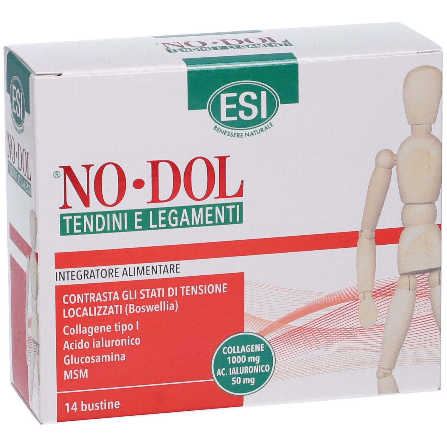 Scatola bianca, design rosso e verde. Scritta: NO-DOL Tendini e Legamenti. Logo ESI. 14 bustine.