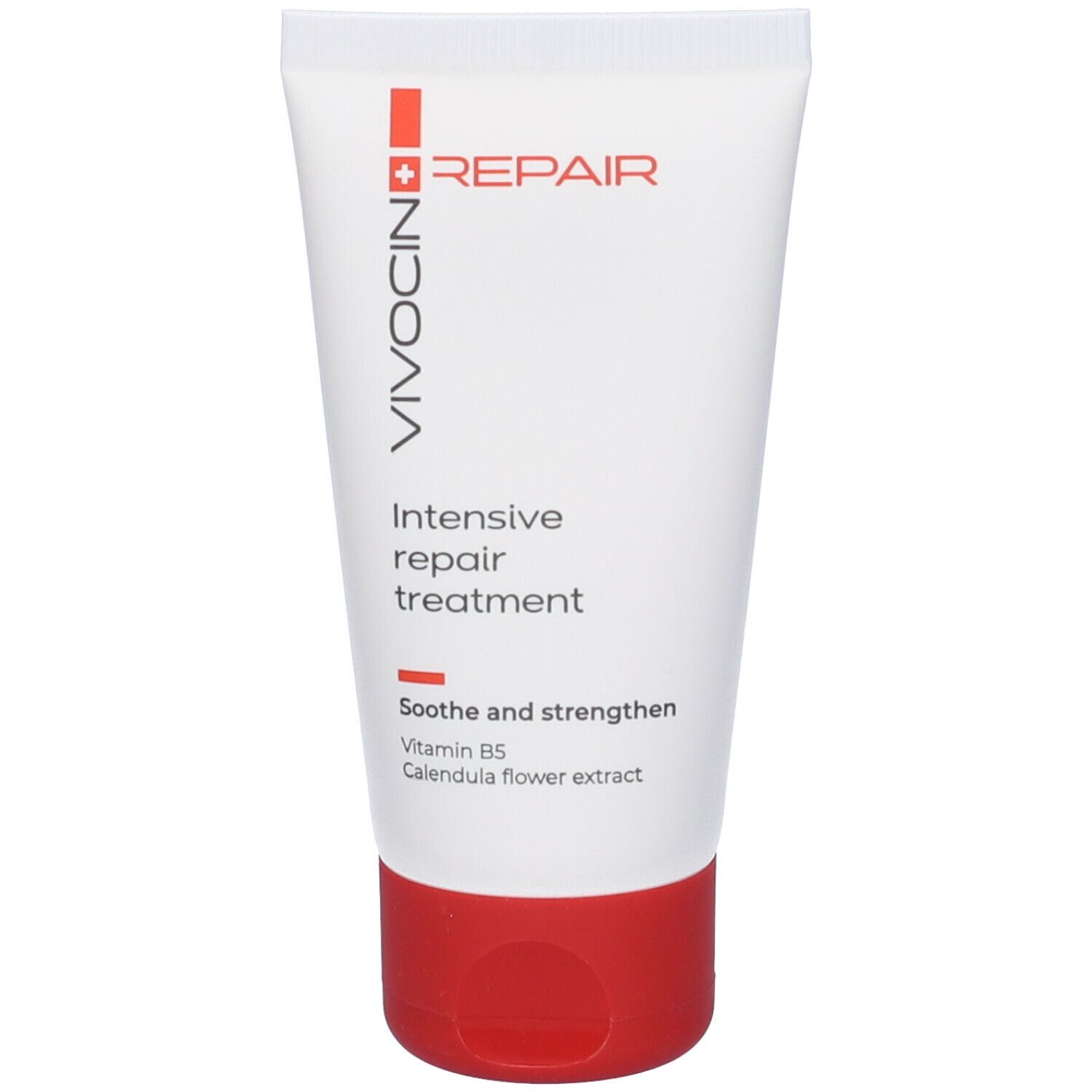 Tubo bianco con tappo rosso. Scritta: VIVOCIN, REPAIR, Intensive repair treatment. Contiene vitamina B5 ed estratto di calendula.