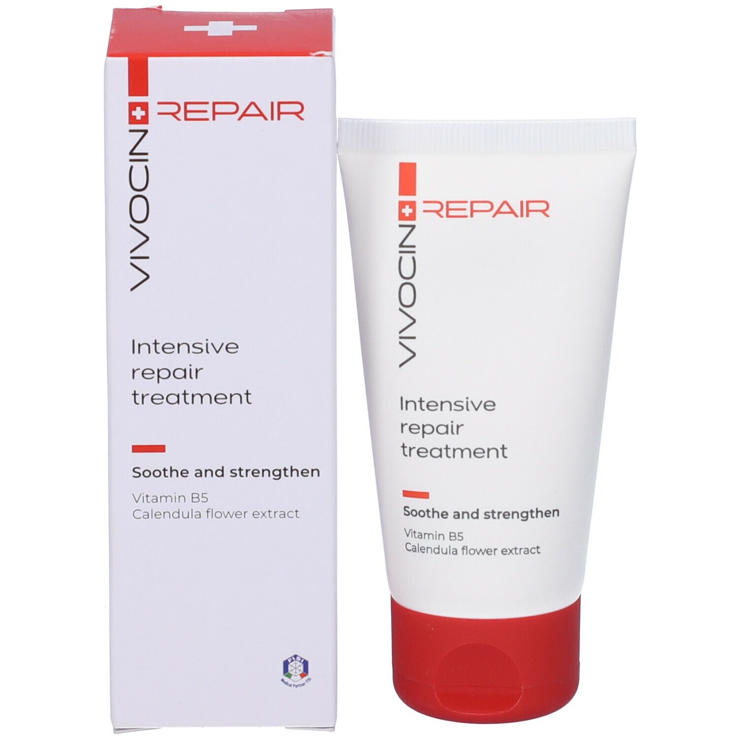 Confezione e tubo del prodotto. Confezione: bianca con coperchio rosso. Scritta: VIVOCIN, REPAIR, Intensive repair treatment. Contiene vitamina B5 e calendula.