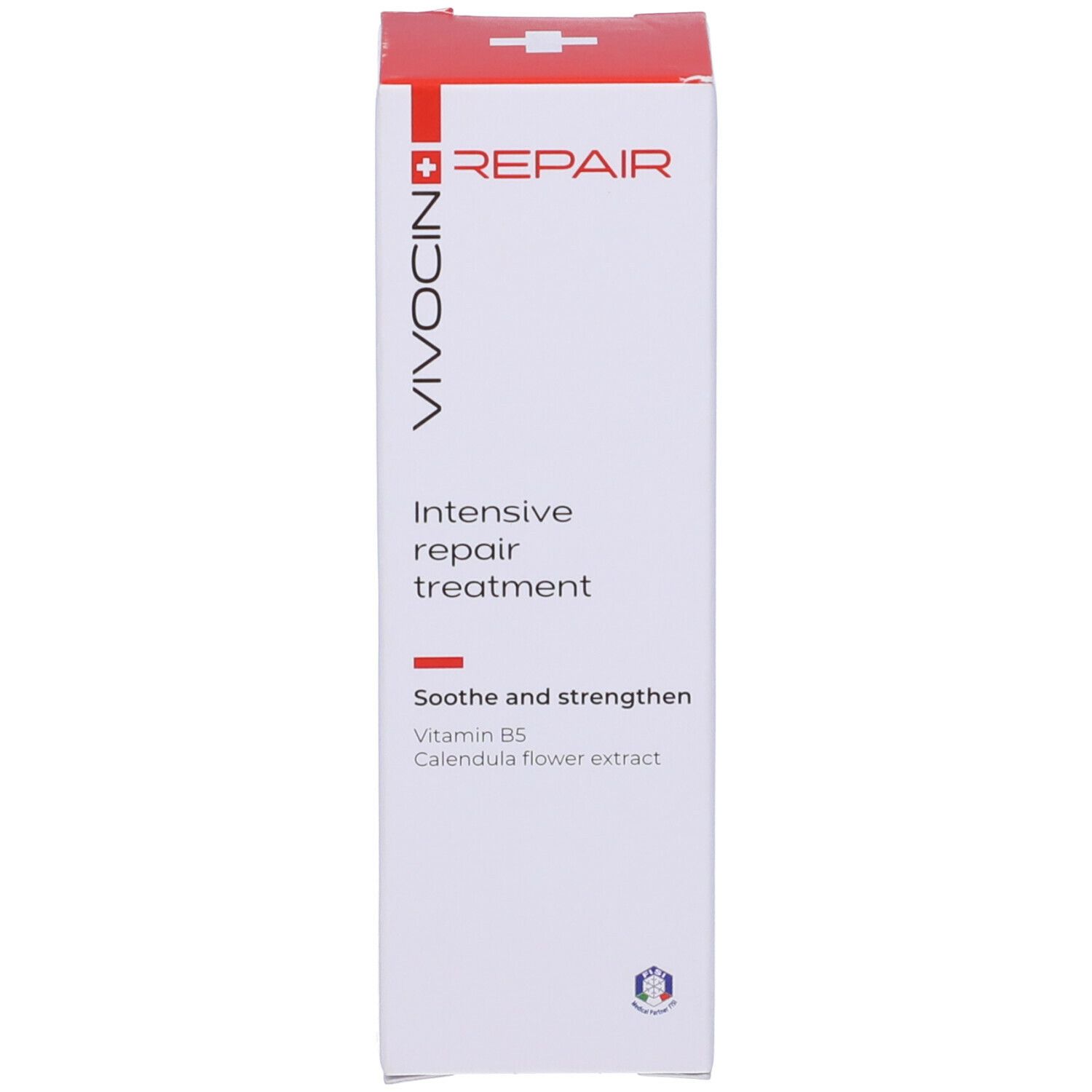 Confezione del prodotto. Bianca con coperchio rosso. Scritta: VIVOCIN, REPAIR, Intensive repair treatment. Contiene vitamina B5 e calendula.