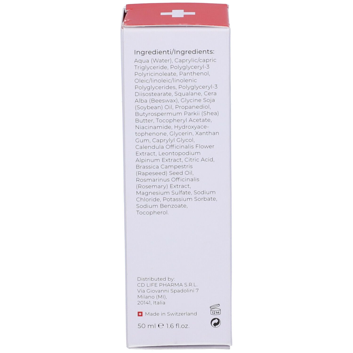 Retro della confezione del prodotto. Elenco degli ingredienti. Prodotto in Svizzera. Volume: 50 ml.