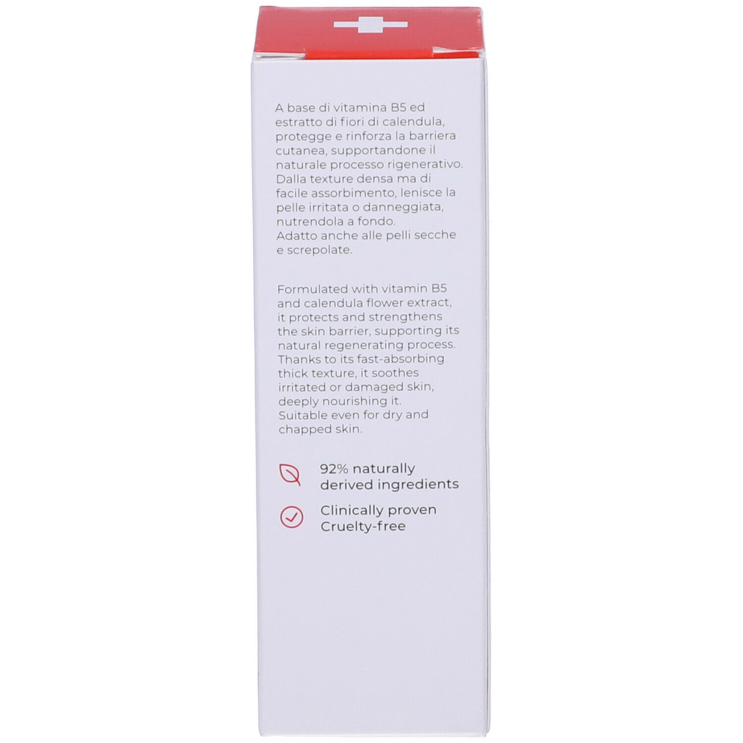 Retro della confezione del prodotto. Testo in italiano e inglese. 92% ingredienti di origine naturale. Clinicamente testato. Cruelty-free.