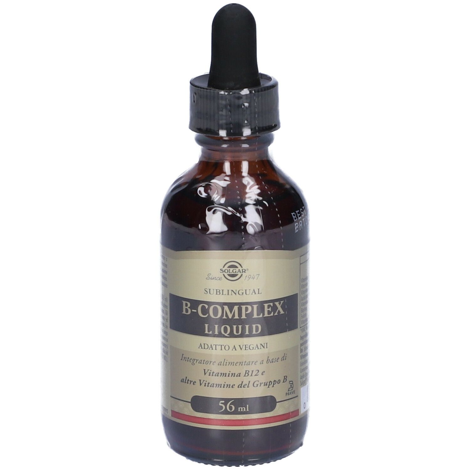 Flacone di vetro marrone con tappo nero e contagocce. Scritta: B-Complex Liquid, 56 ml. Vegano.