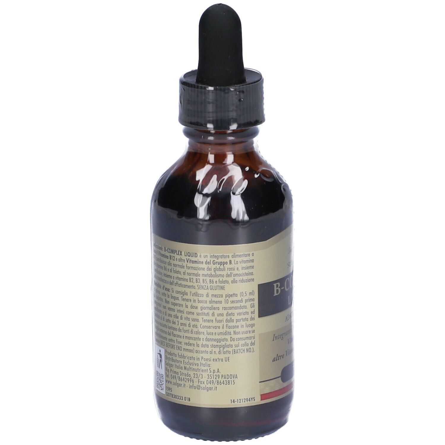 Flacone di vetro marrone con etichetta. Testo in italiano. Contiene informazioni sugli ingredienti e il produttore.