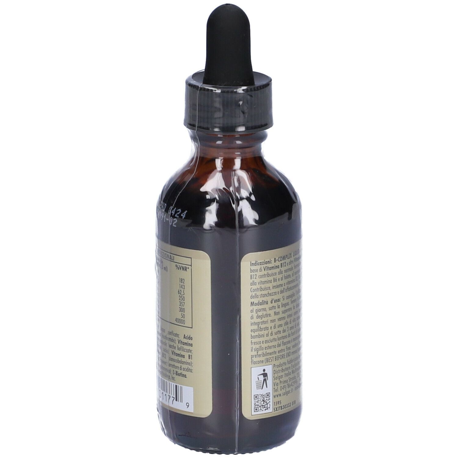 Flacone di vetro marrone in pellicola trasparente. Etichetta con informazioni. Scritta: B-Complex Liquid.