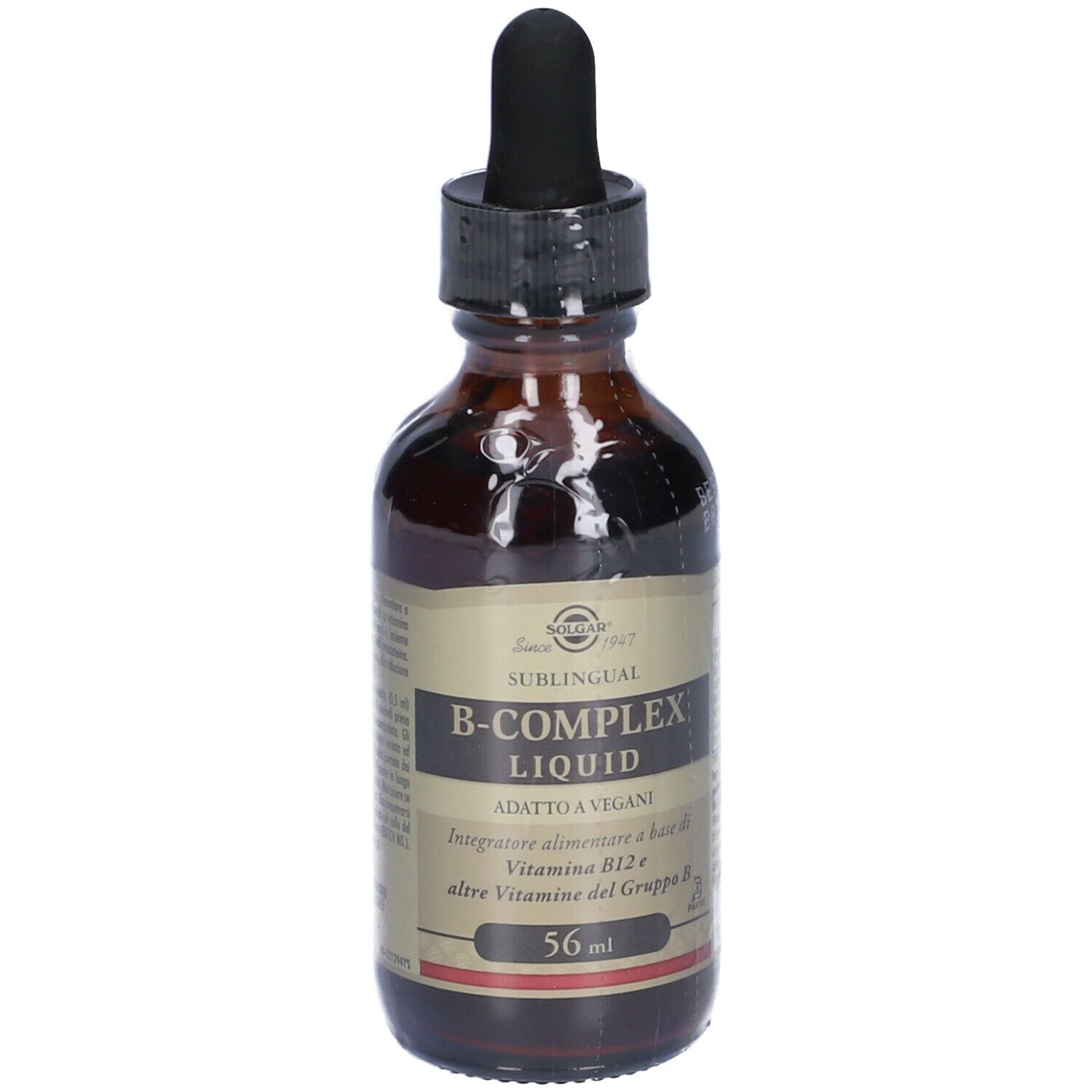 Flacone di vetro marrone con tappo nero e contagocce. Scritta: B-Complex Liquid, 56 ml. Vegano.