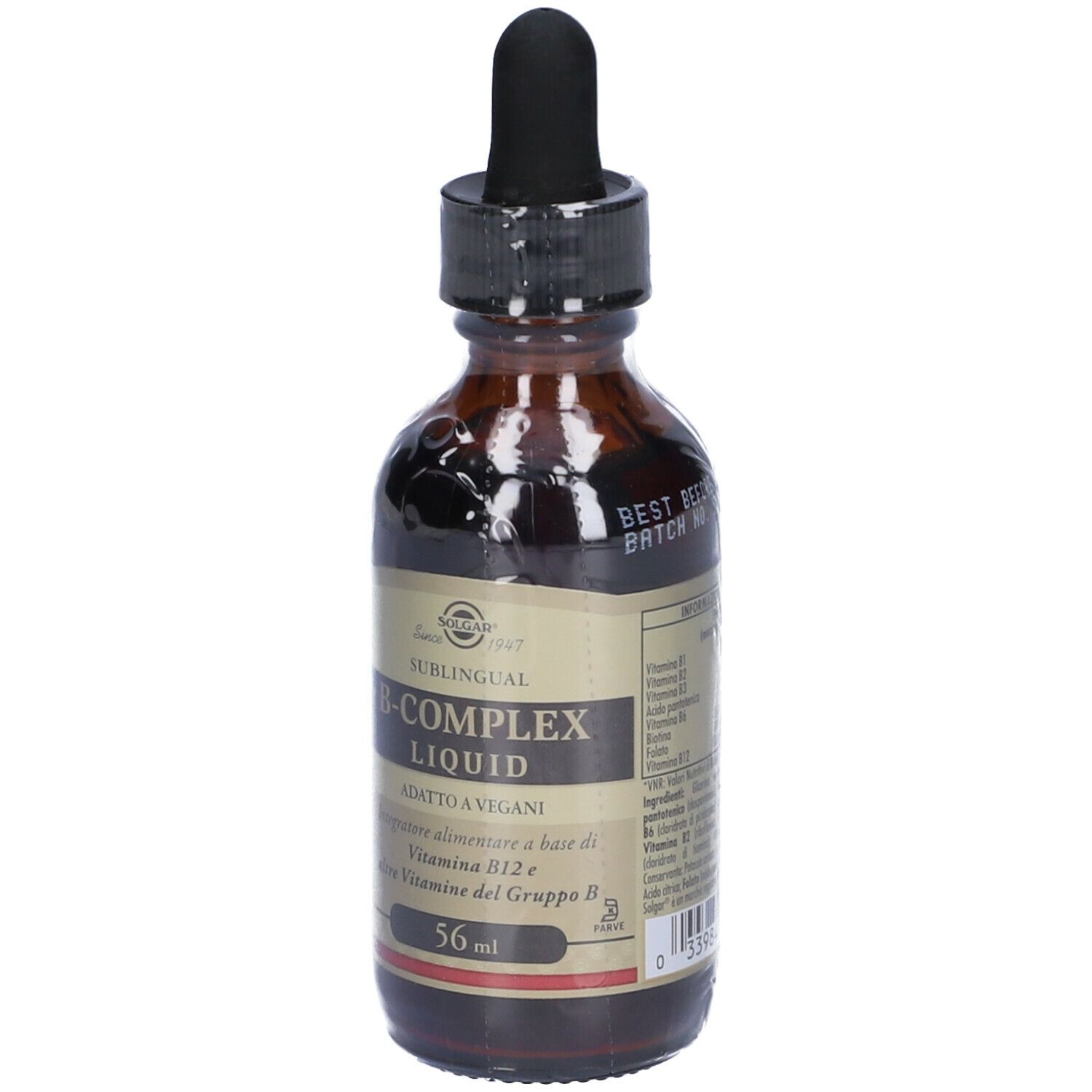 Flacone di vetro marrone con tappo nero e contagocce. Scritta: B-Complex Liquid, 56 ml. Vegano.
