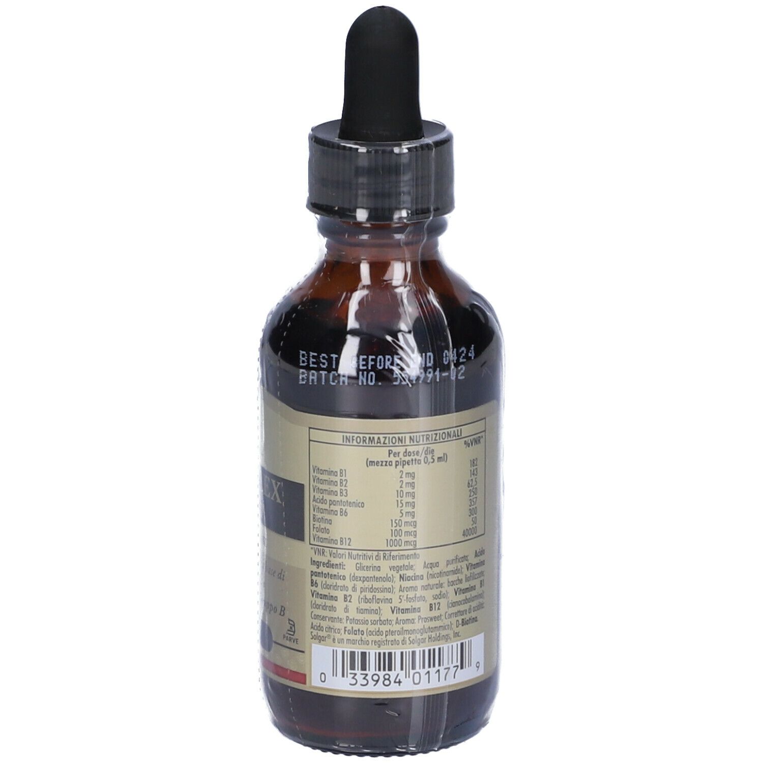 Flacone di vetro marrone con etichetta. Contiene informazioni sugli ingredienti e i valori nutrizionali. Scritta: B-Complex.