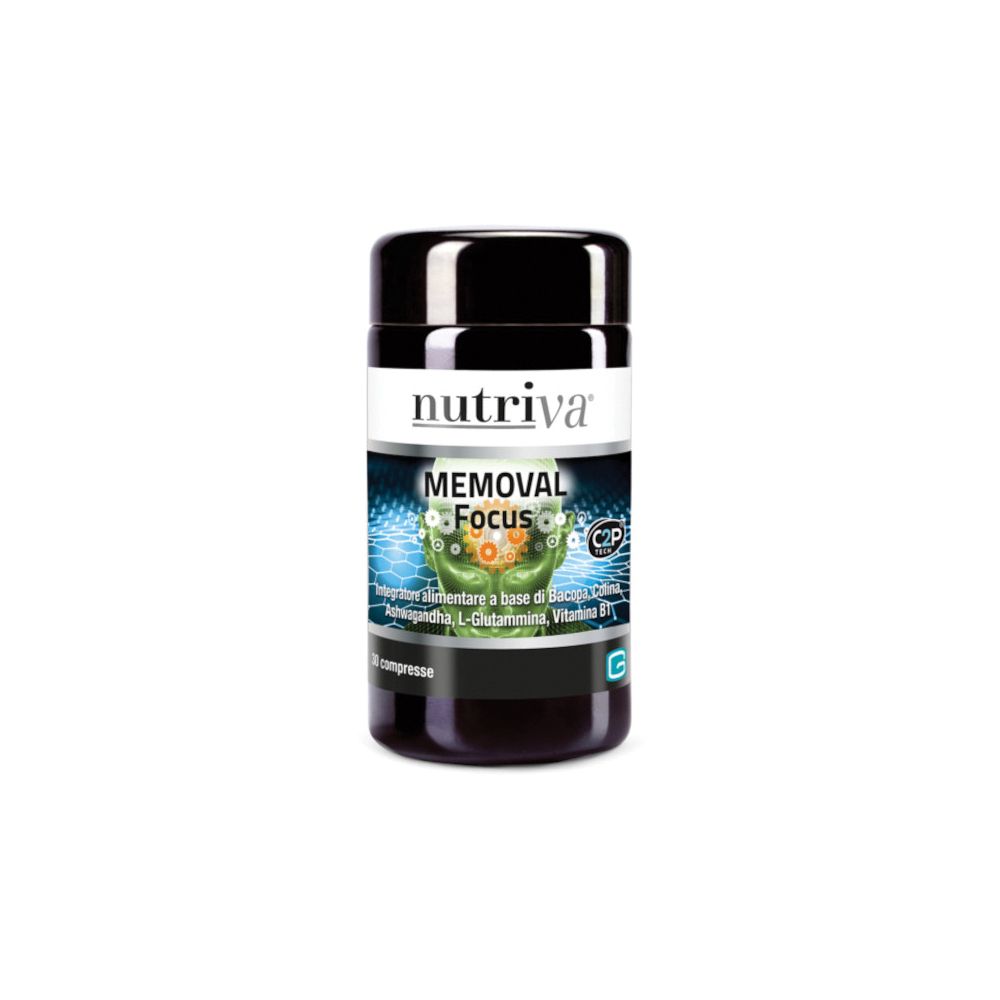 Barattolo nero con etichetta bianca. Scritta 'nutriva' e 'MEMORAL Focus'. Contiene 30 compresse. Con C2P Tech.