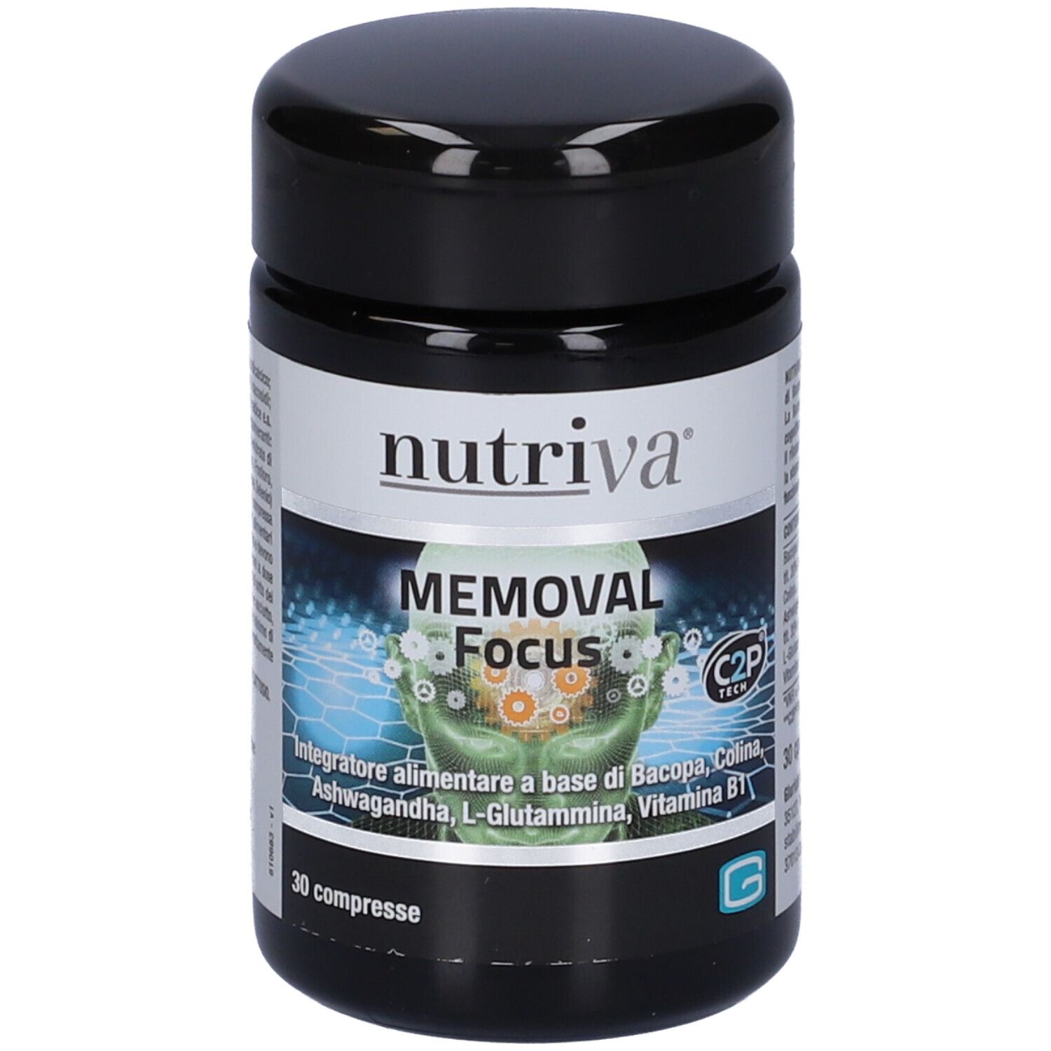 Barattolo nero con etichetta bianca. Scritta 'nutriva' e 'MEMORAL Focus'. Contiene 30 compresse. Con C2P Tech.