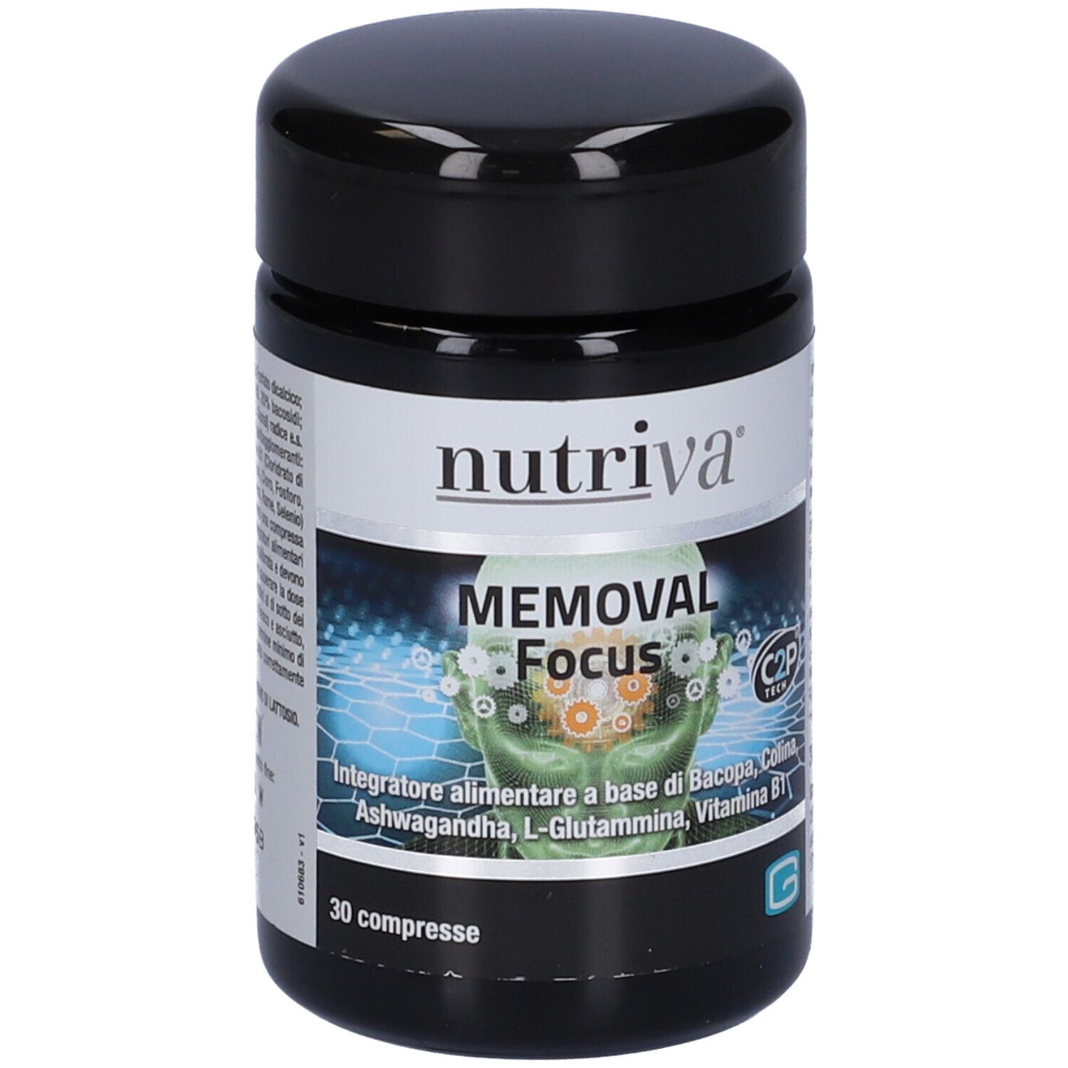 Barattolo nero con etichetta bianca. Scritta 'nutriva' e 'MEMORAL Focus'. Contiene 30 compresse. Con C2P Tech.
